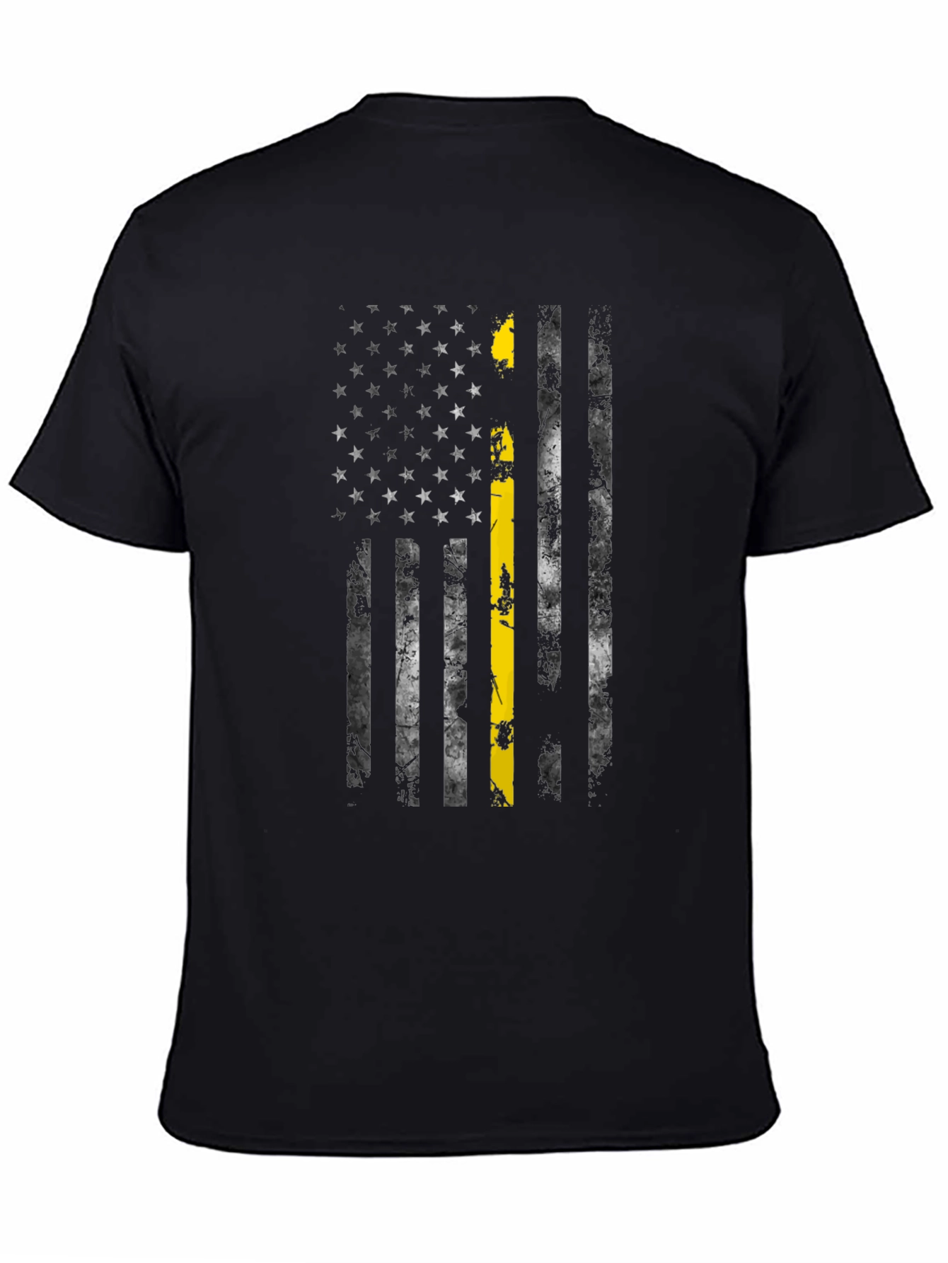 Black Distressed American Flag Thin Yellow Line T-Shirt view 4