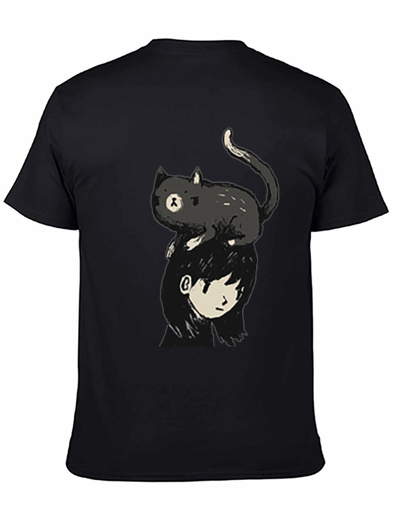 Black Cat on Head Graphic Tee - Black Crew Neck view 4
