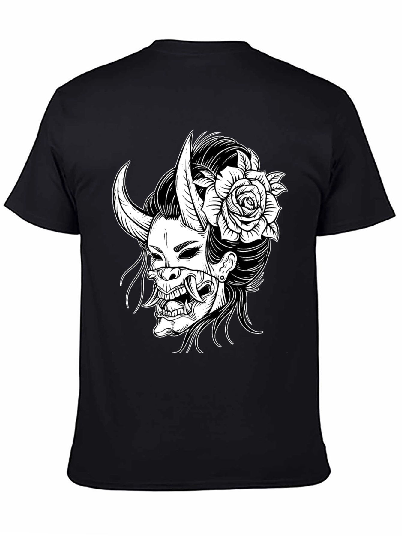 Black Black T-Shirt with Oni Mask & Rose Graphic view 4