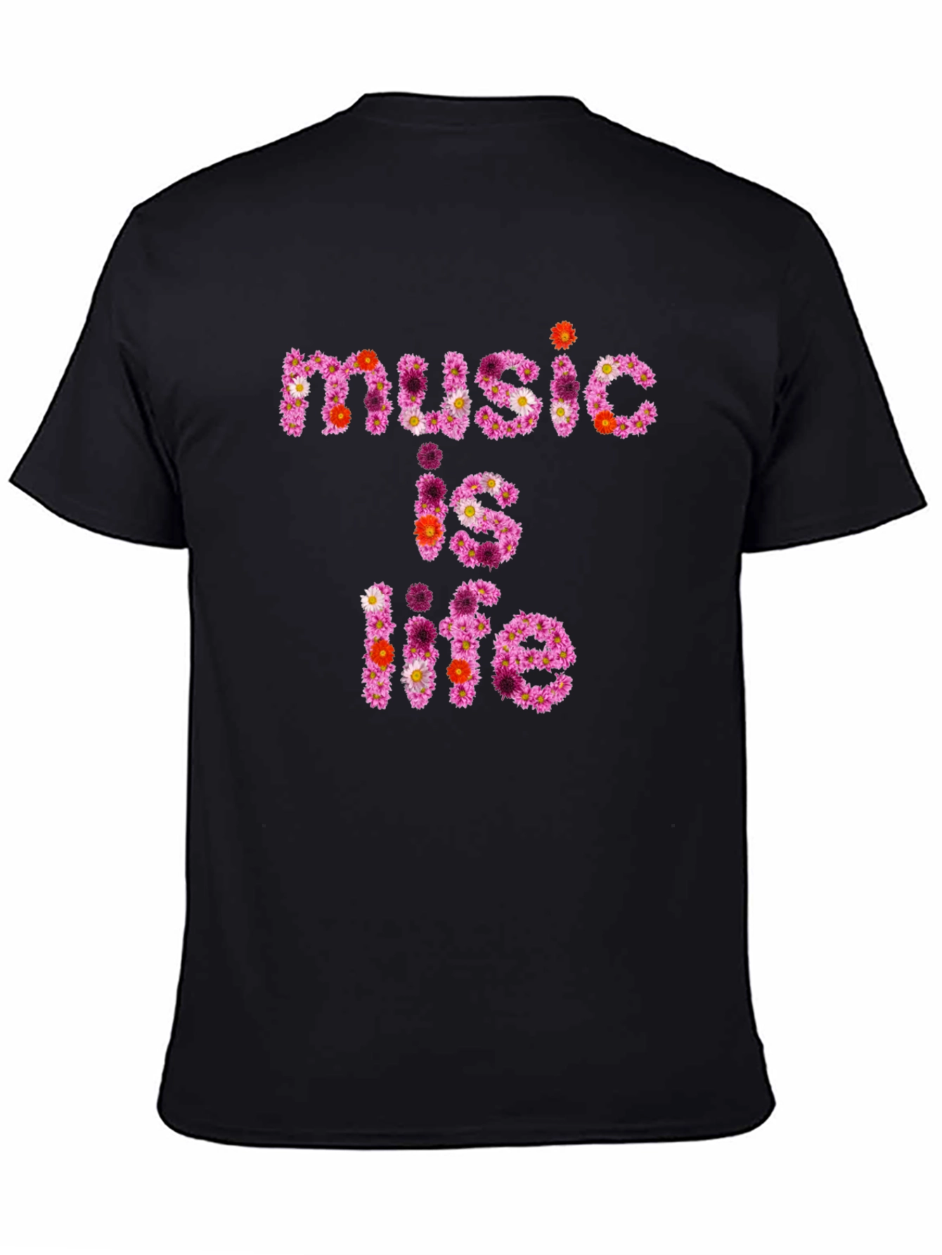 Black Floral 'Music is Life' Graphic Black T-Shirt view 4