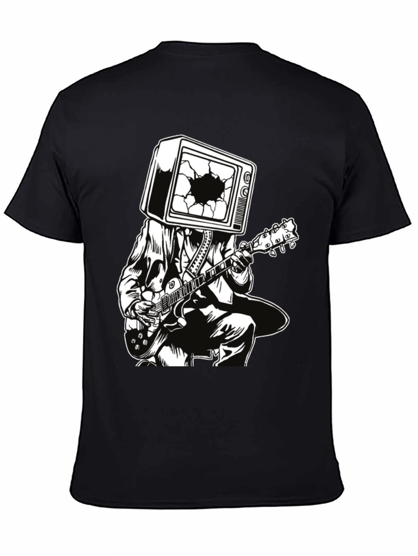 Black Guitar Man with TV Head Graphic T-Shirt view 4