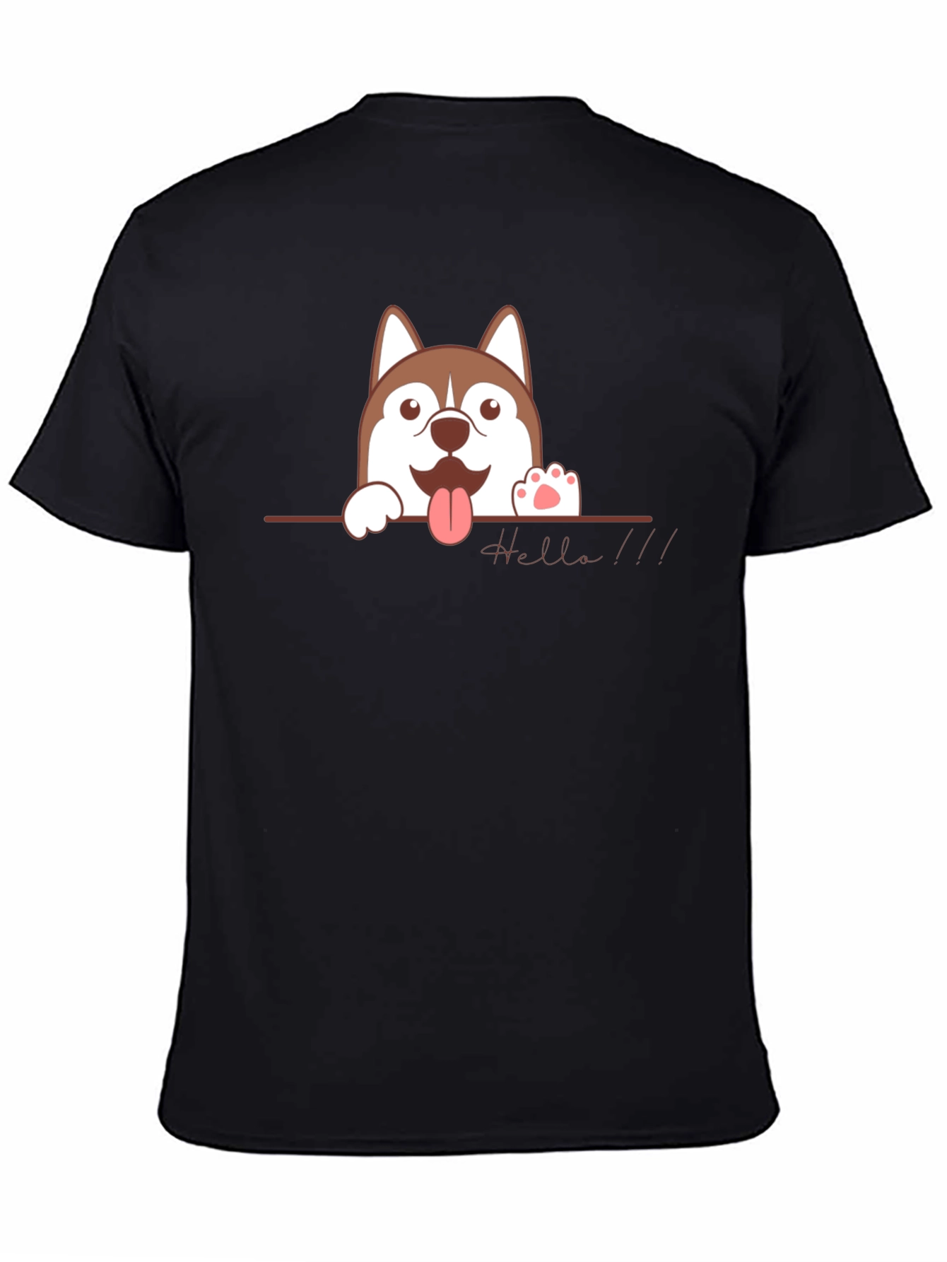 Black Cute Husky "Hello" Black T-Shirt view 4