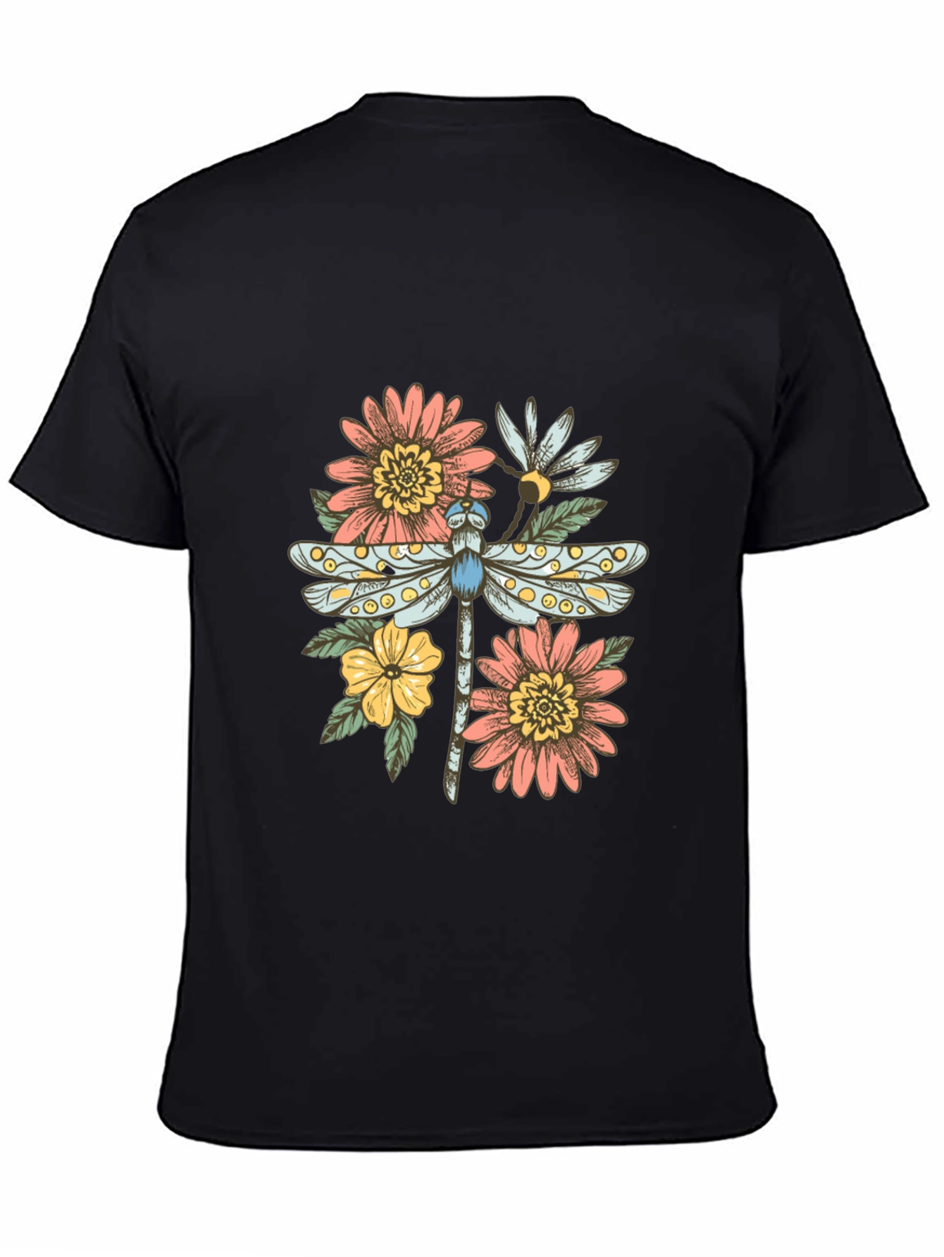 Black Dragonfly Floral Graphic Tee - Trendy Casual Top view 4