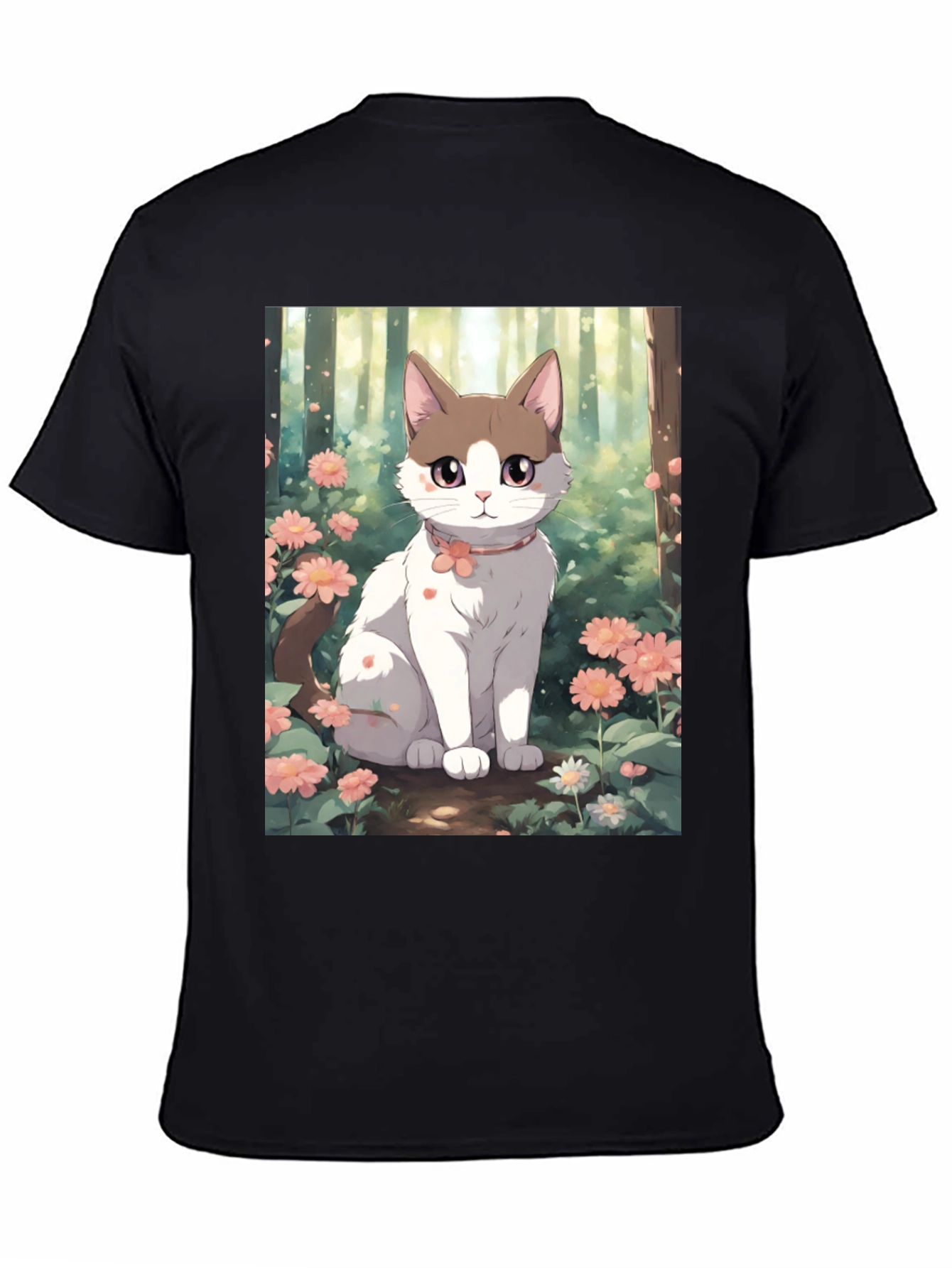 Black Anime Cat Floral T-Shirt view 4