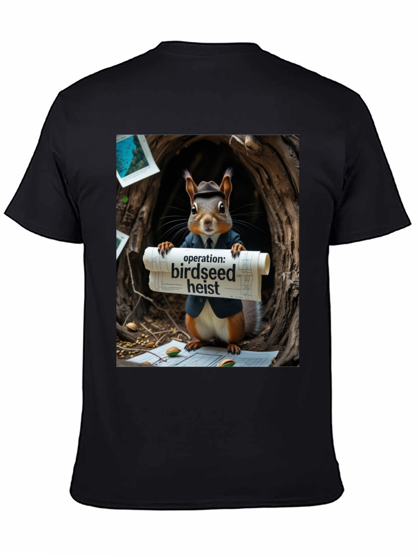 Black Birdseed Heist Squirrel T-Shirt view 4