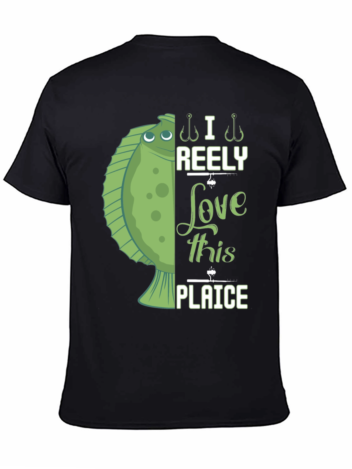 Black Funny Fishing T-Shirt - I Reely Love This Plaice view 4