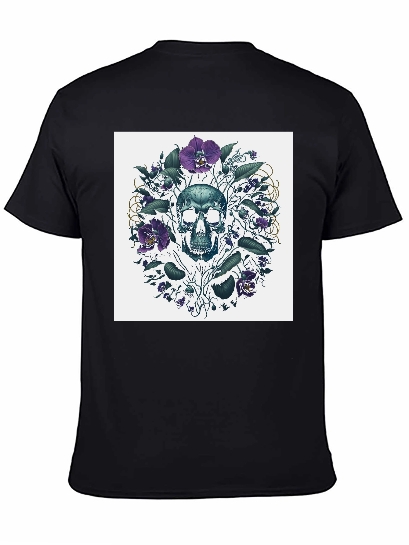 Black Skull Floral T-Shirt - Artistic Death Graphic Tee view 4