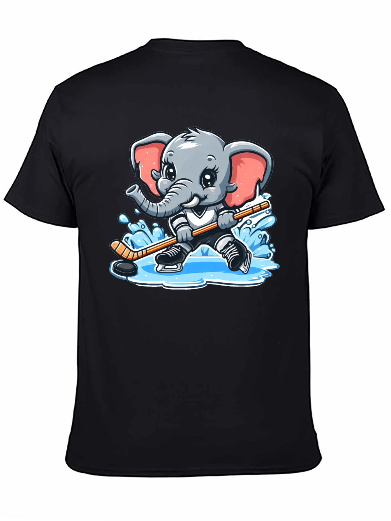 Black Cartoon Elephant Hockey Player Graphic Tee view 4