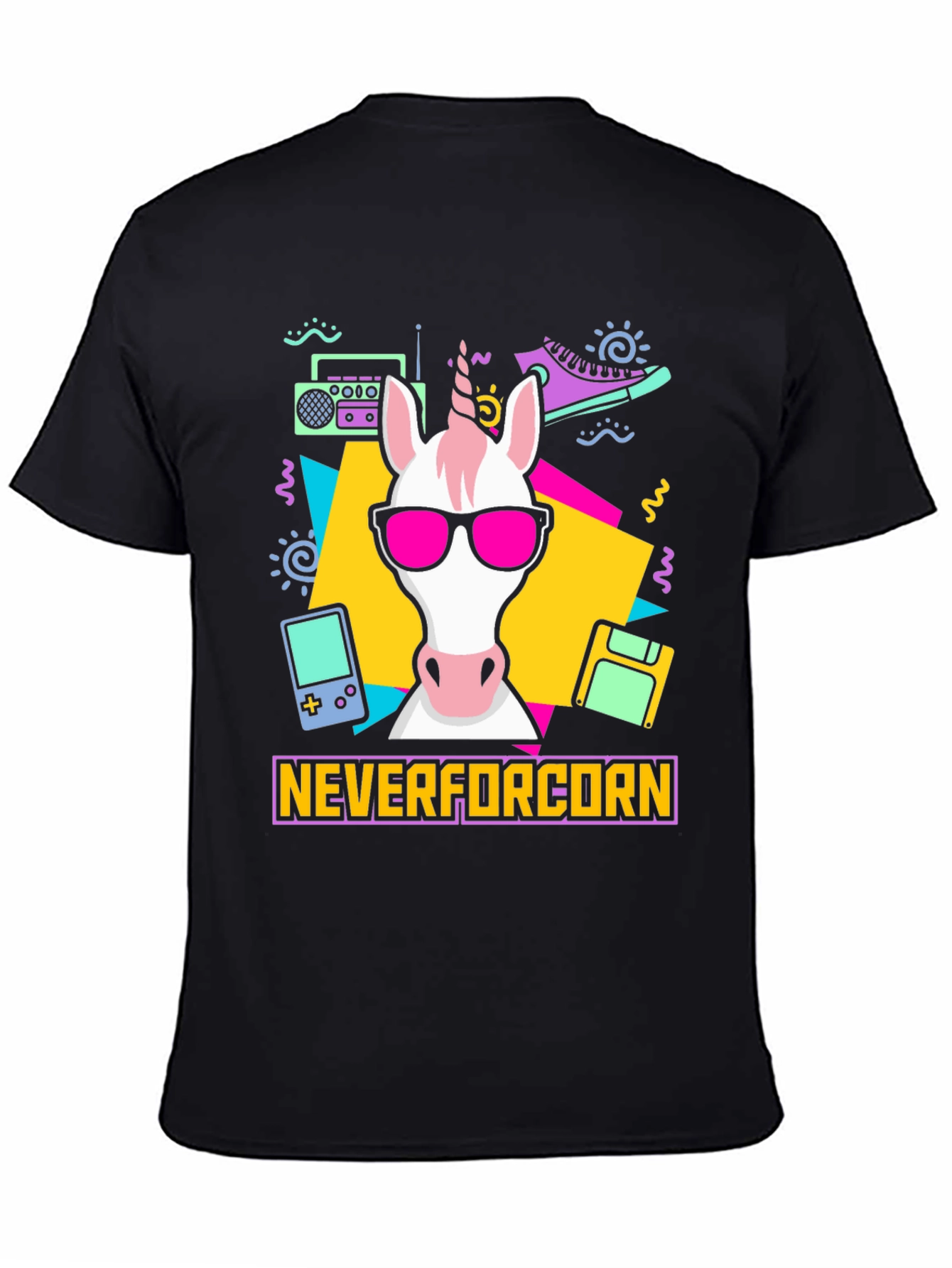 Black NeverforCORN 80s Retro Unicorn T-Shirt view 4