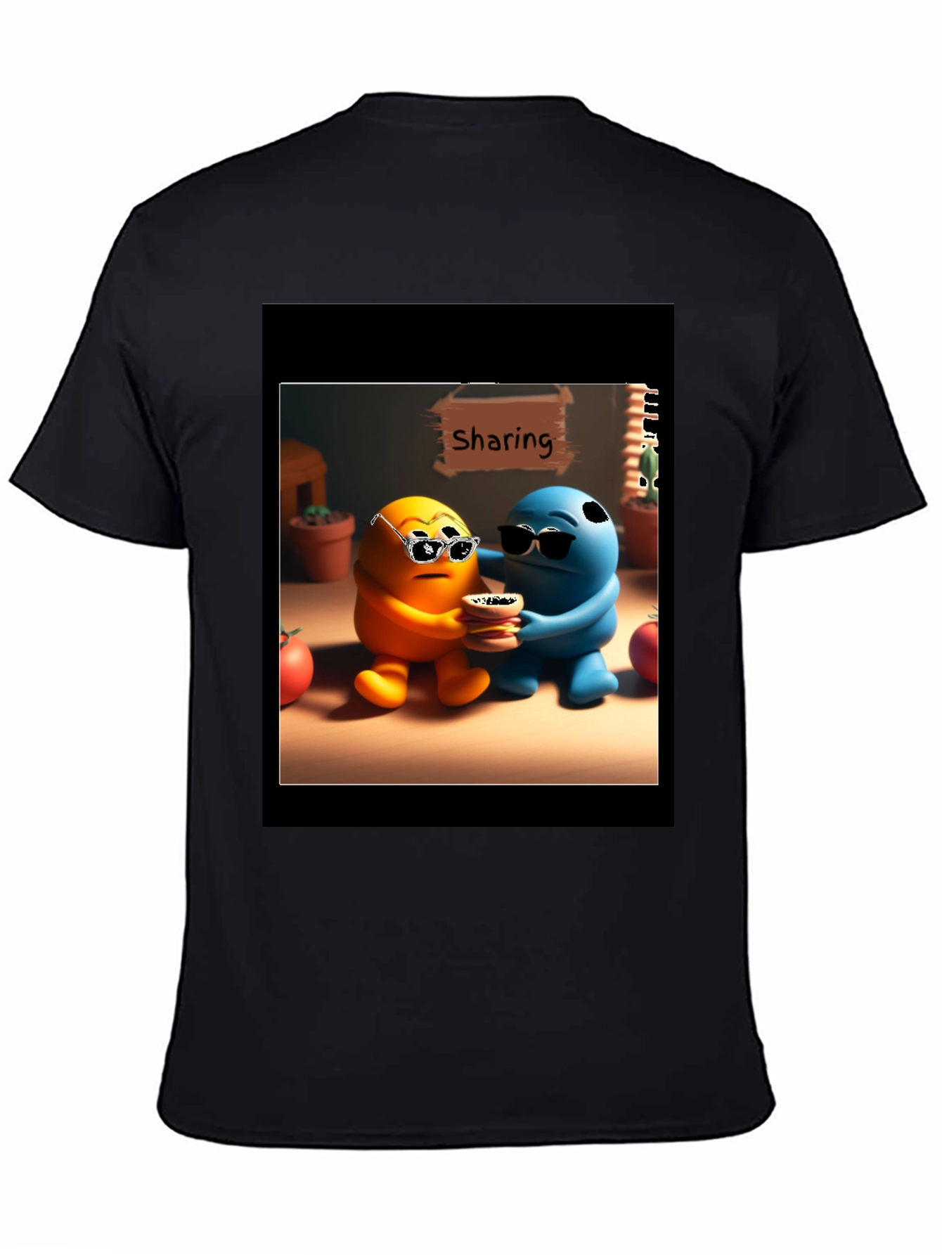 Black Sharing Cartoon Character Graphic Tee - Black view 4