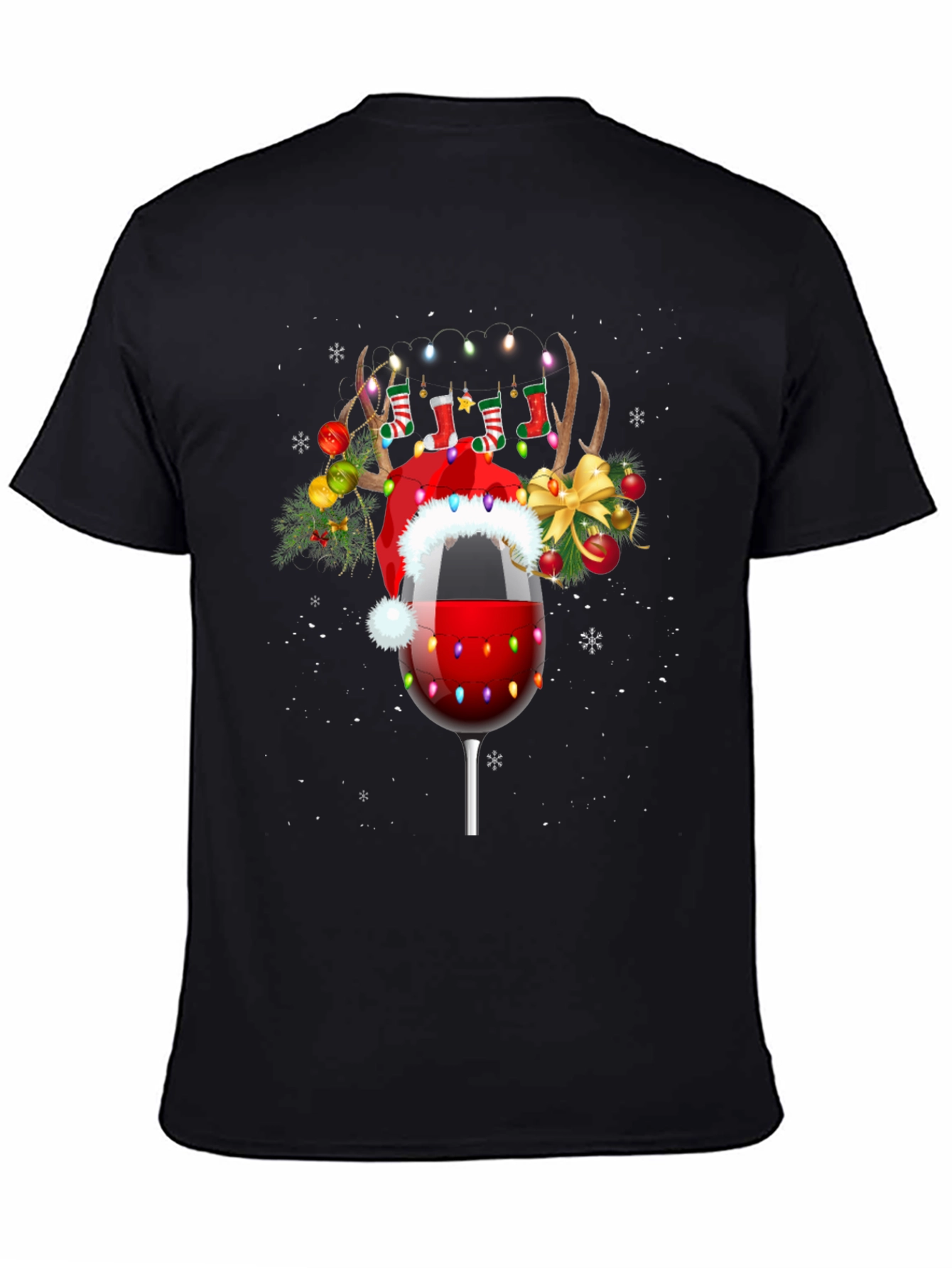 Black Festive Wine Glass Christmas T-Shirt view 4