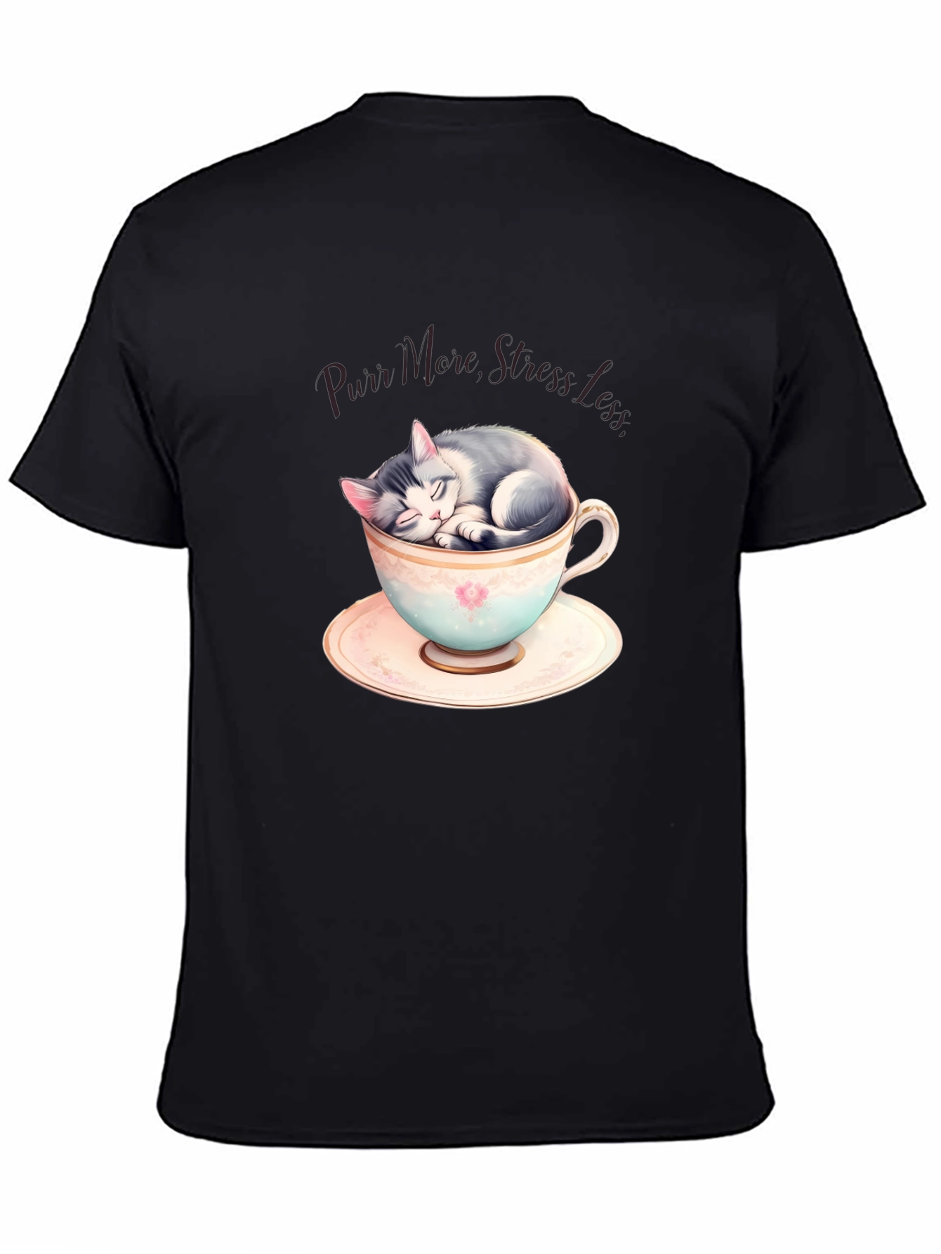Purr More Stress Less T-Shirt: Cute Cat in Teacup - 4