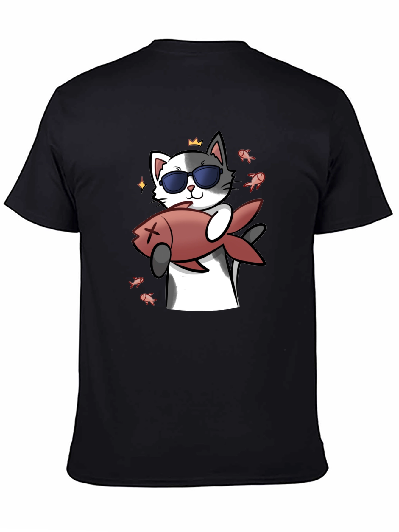 Black Cool Cat With Fish Graphic Tee - Black view 4