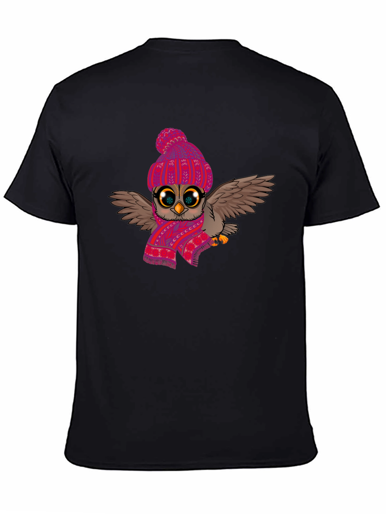 Black Winter Owl T-Shirt: Cute Cartoon Bird with Scarf & Hat view 4