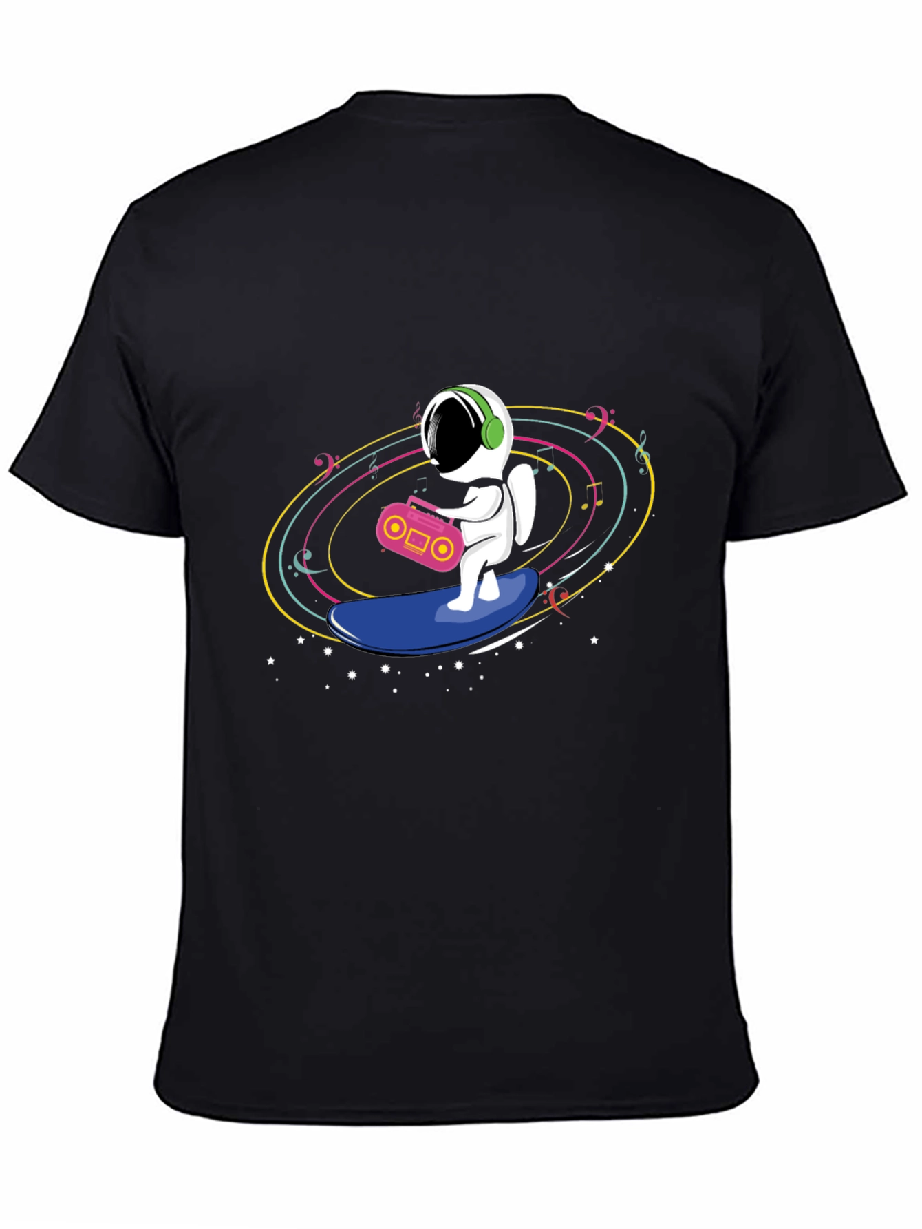 Black Astronaut Surfing T-Shirt - Space Music Vibes view 4