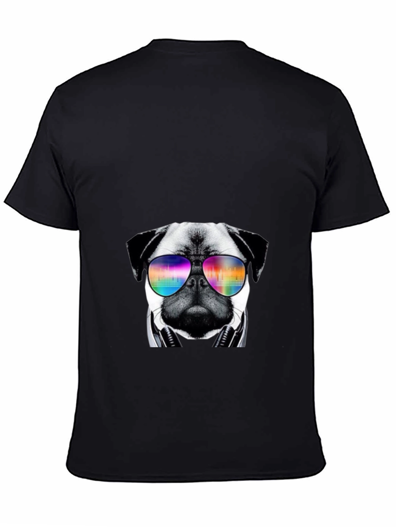 Black Cool Pug T-Shirt with Headphones and Sunglasses view 4