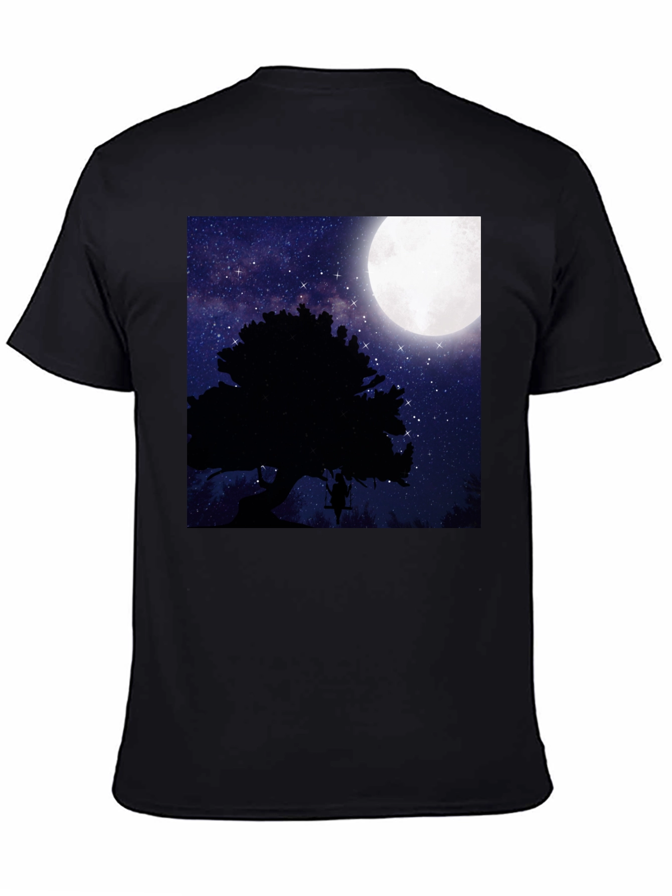 Black Moonlit Swing T-Shirt - Night Sky Tree Silhouette view 4