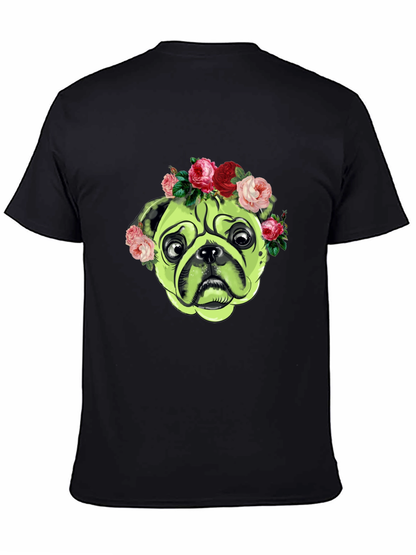 Black Pug with Floral Crown Graphic T-Shirt view 4