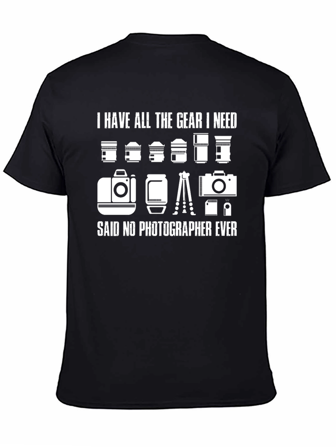 Black Photographer Gear T-Shirt: Never Enough Equipment view 4