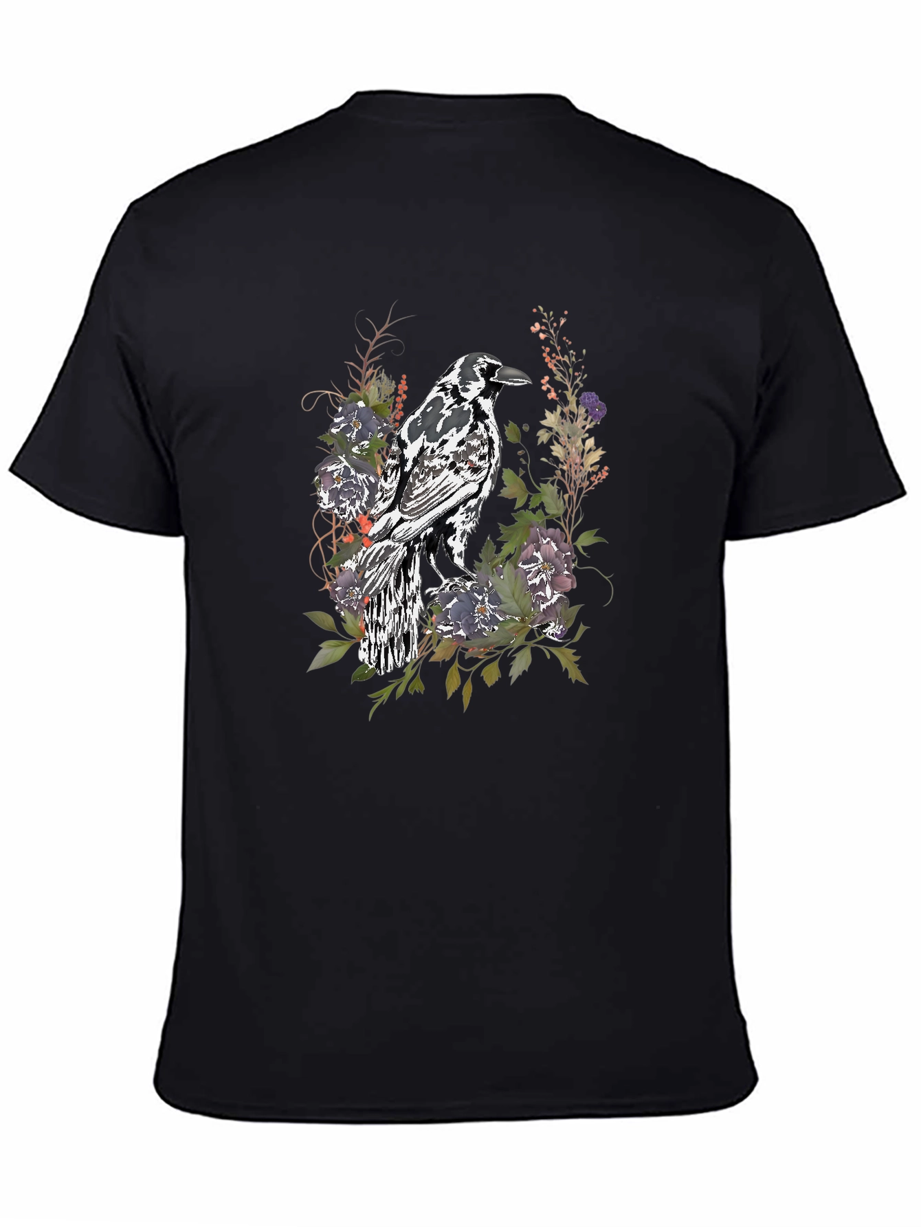 Black Raven & Floral Graphic Tee - Stylish Men's Black T-Shirt view 4