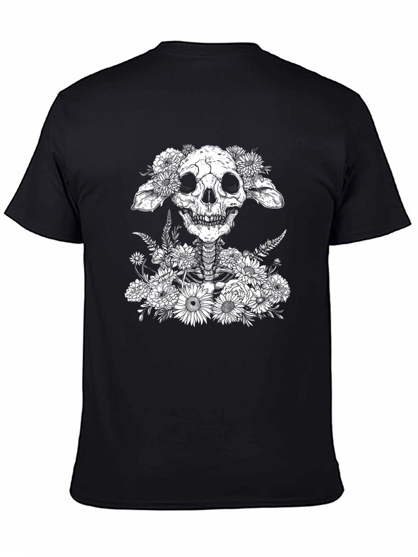 Black Floral Skull Graphic T-Shirt - Unique Design view 4