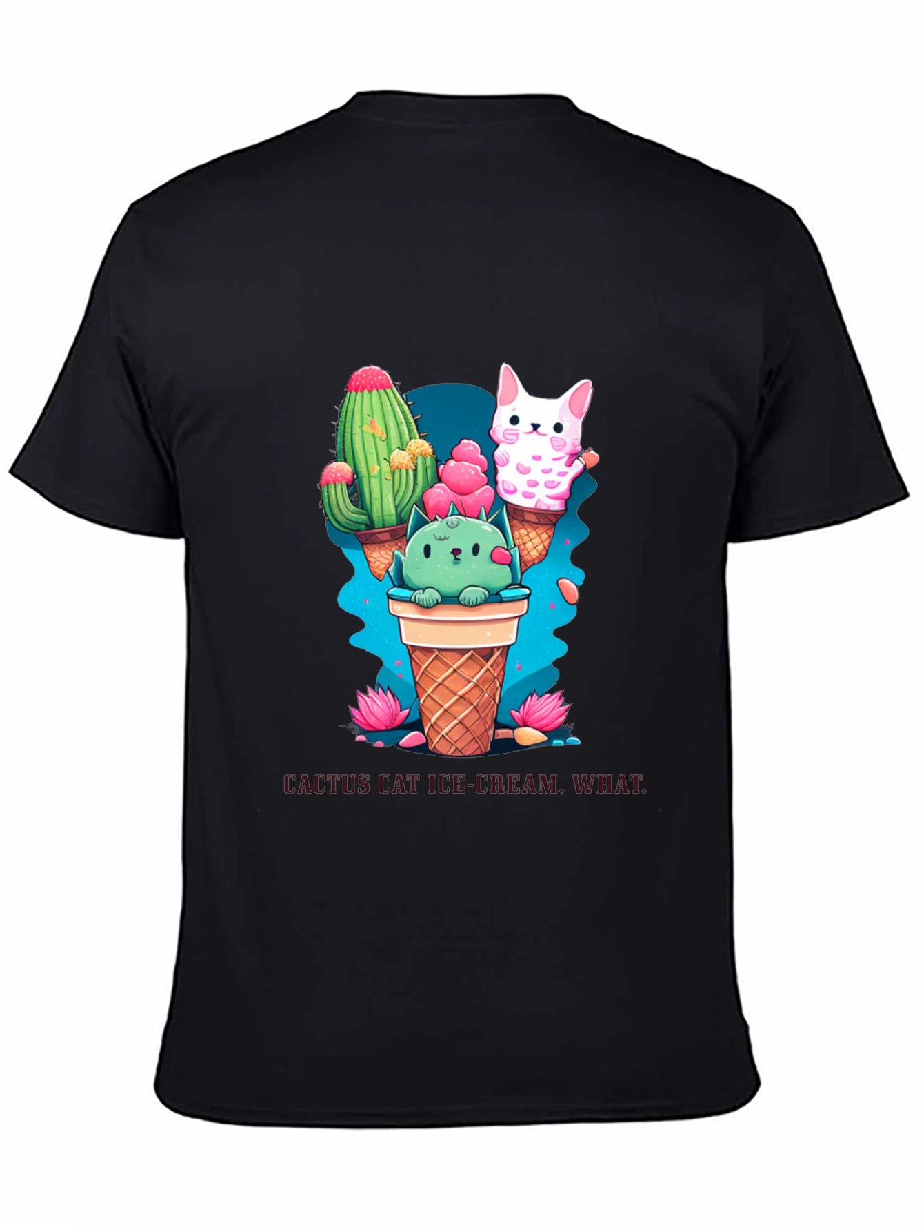 Black Cactus Cat Ice Cream Black T-Shirt view 4