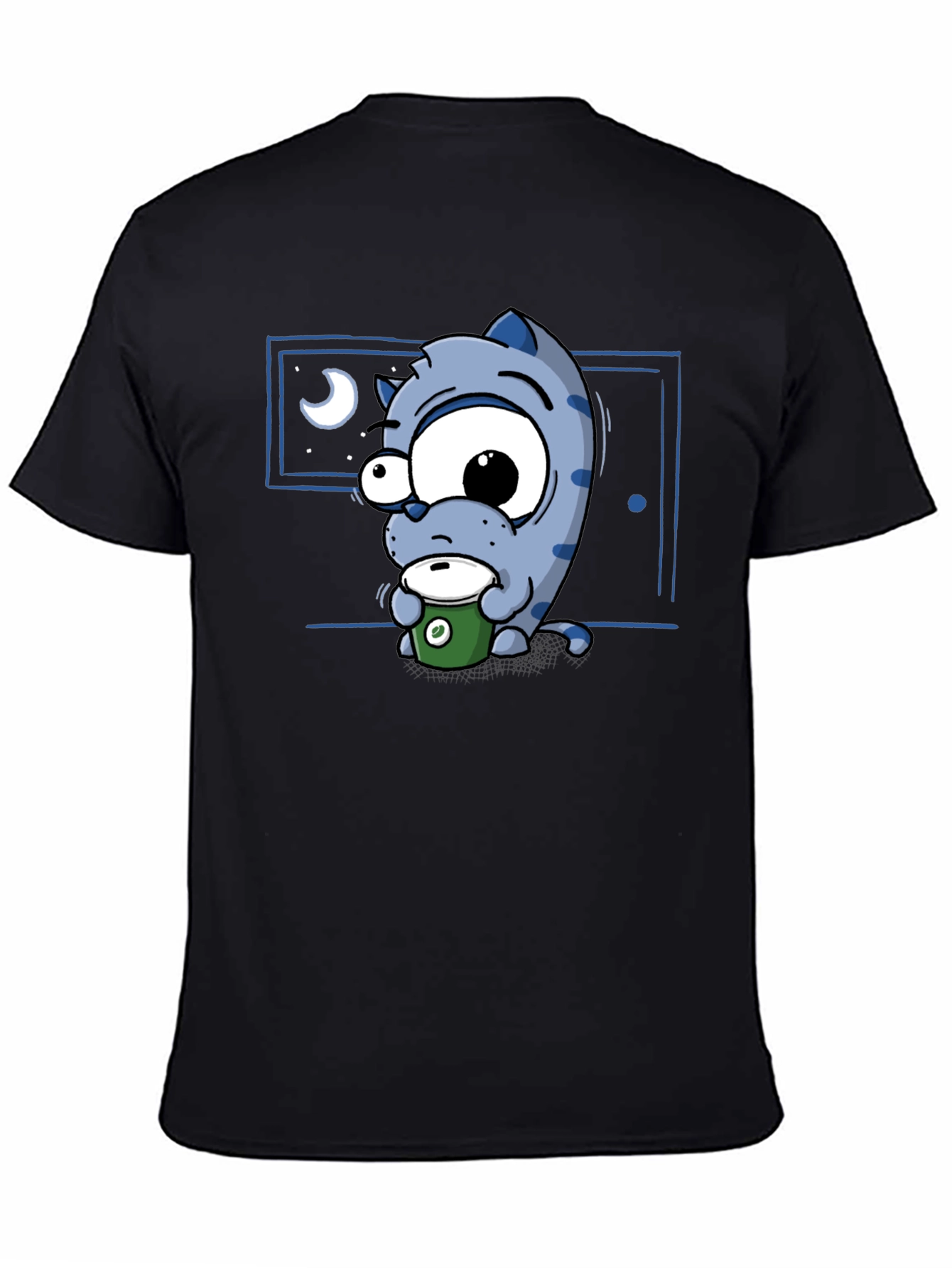 Black Cartoon Cat Coffee Lover T-Shirt - Black view 4