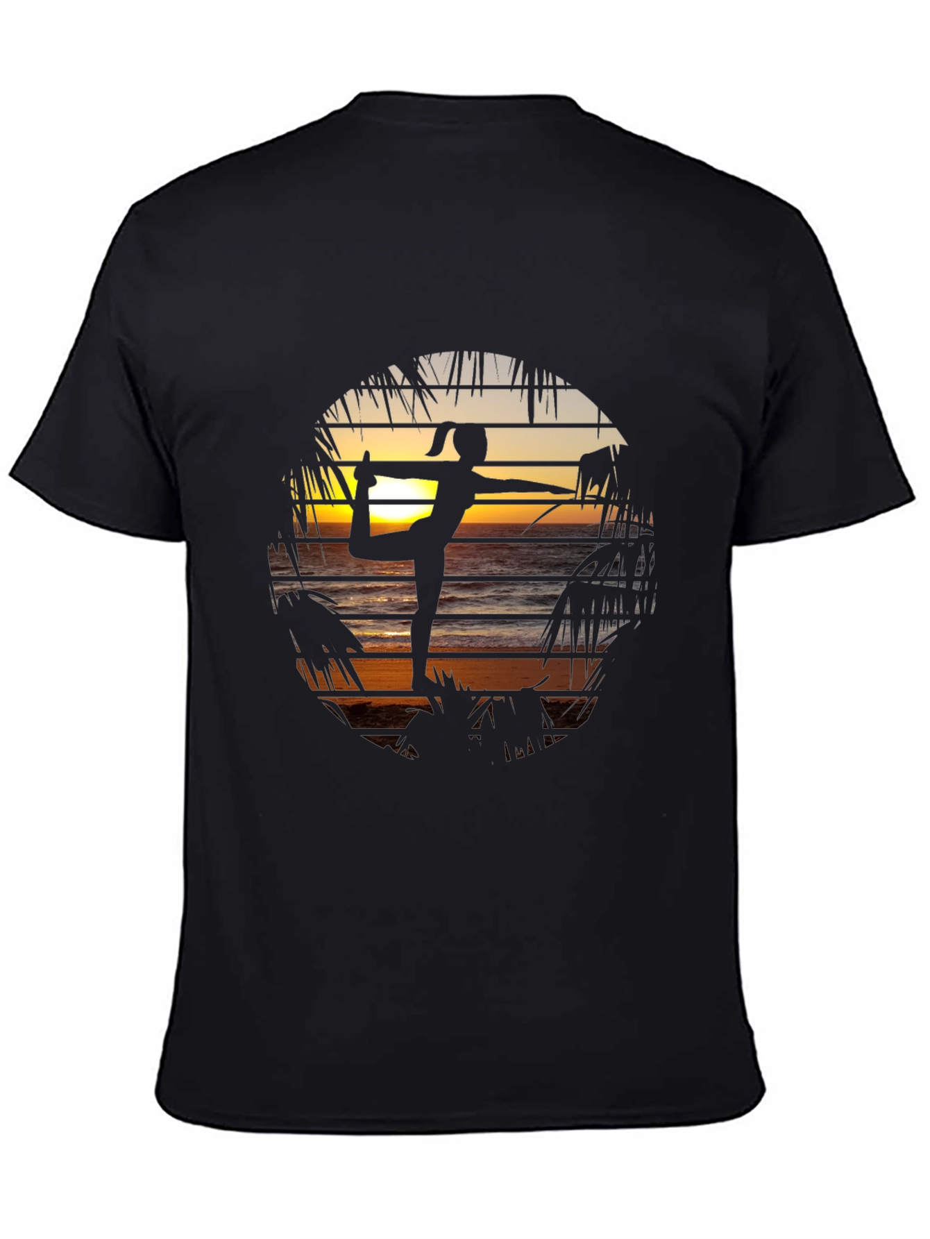 Black Yoga Sunset Graphic Tee - Zen Beach Vibes T-Shirt view 4