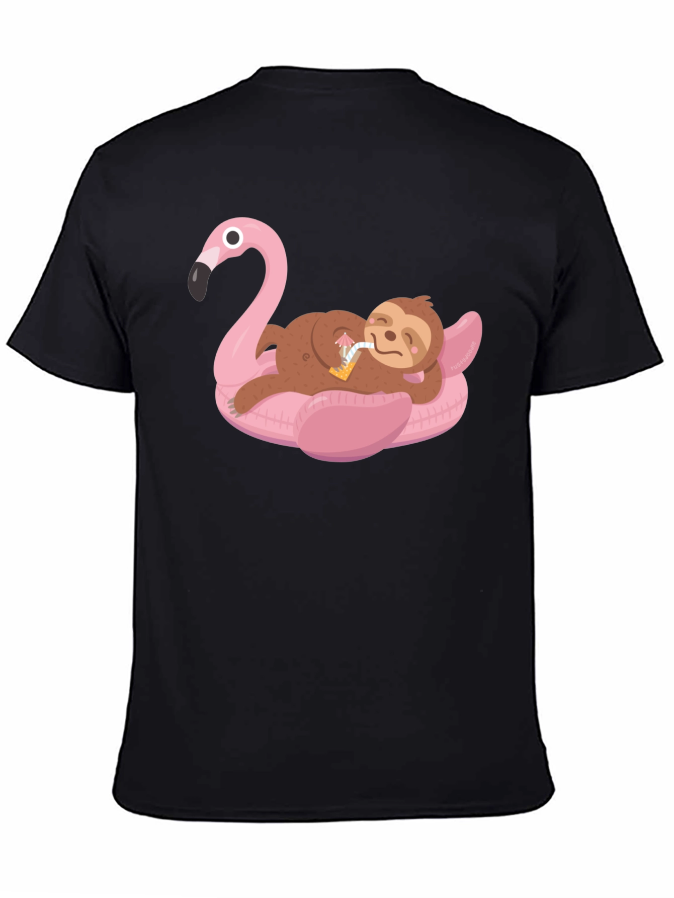 Black Sloth on Flamingo Pool Float Graphic Tee view 4