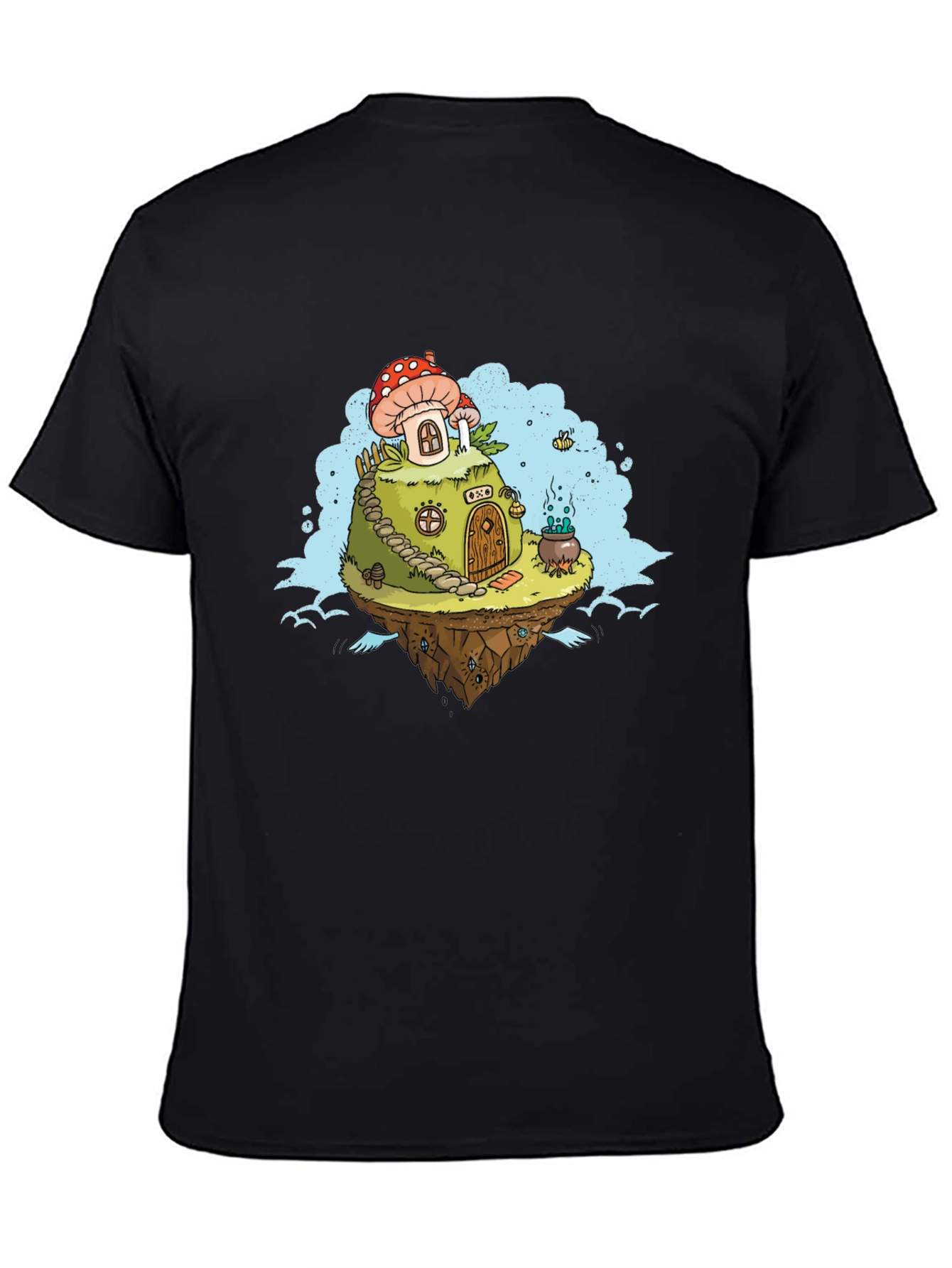Black Mushroom House Island Graphic Tee - Whimsical Fantasy Design view 4