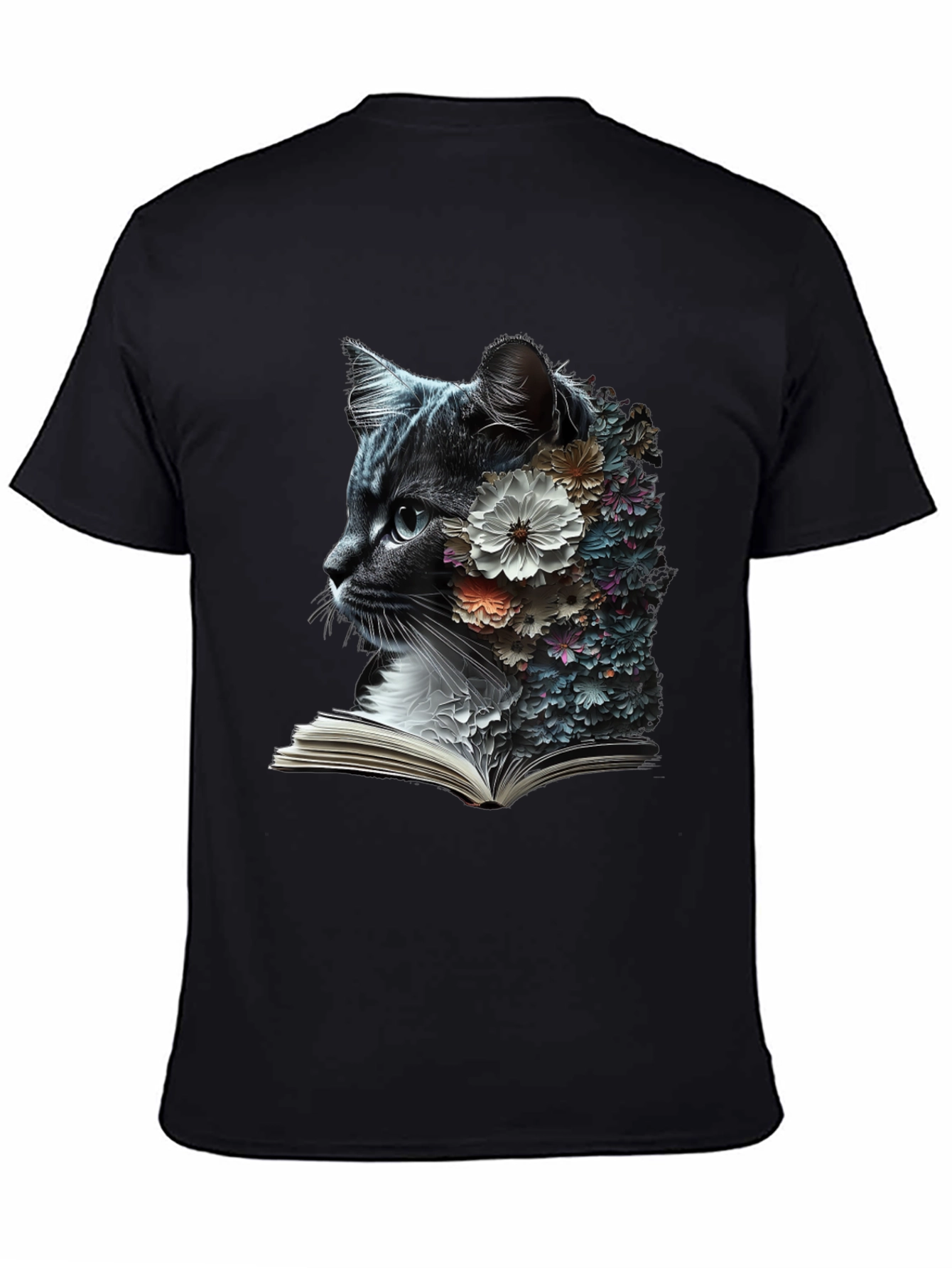 Black Floral Cat Reader Graphic T-Shirt view 4