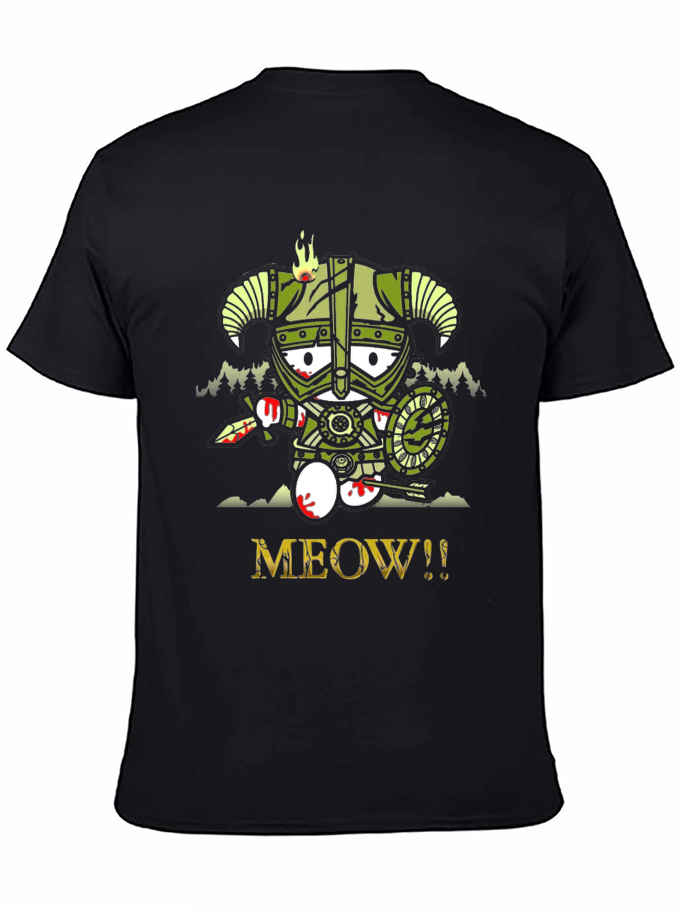 Black Meow Skyrim Cartoon Graphic T-Shirt view 4