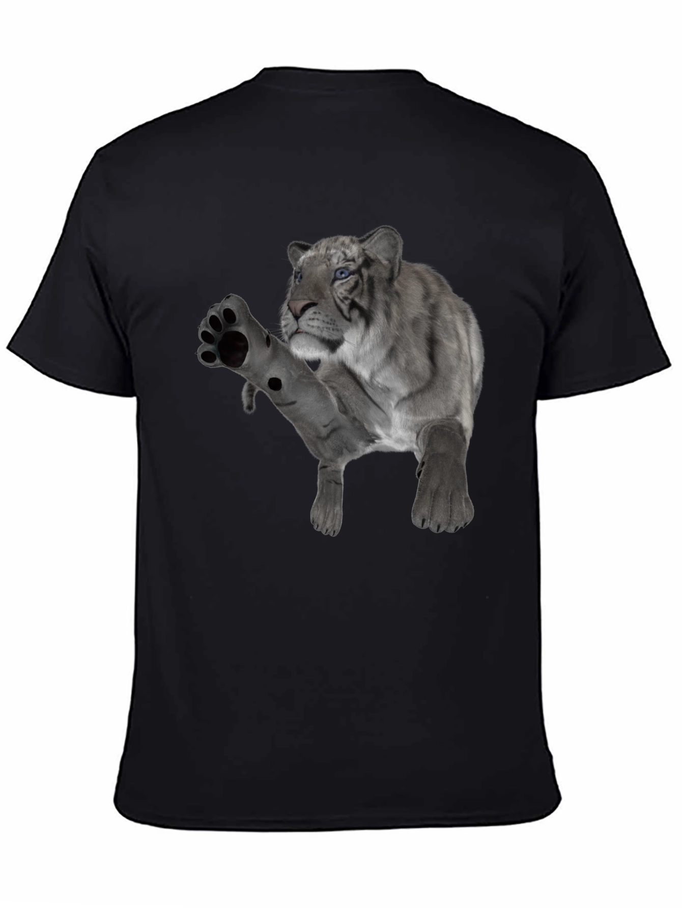 Black Men's Black T-Shirt with White Tiger Graphic view 4