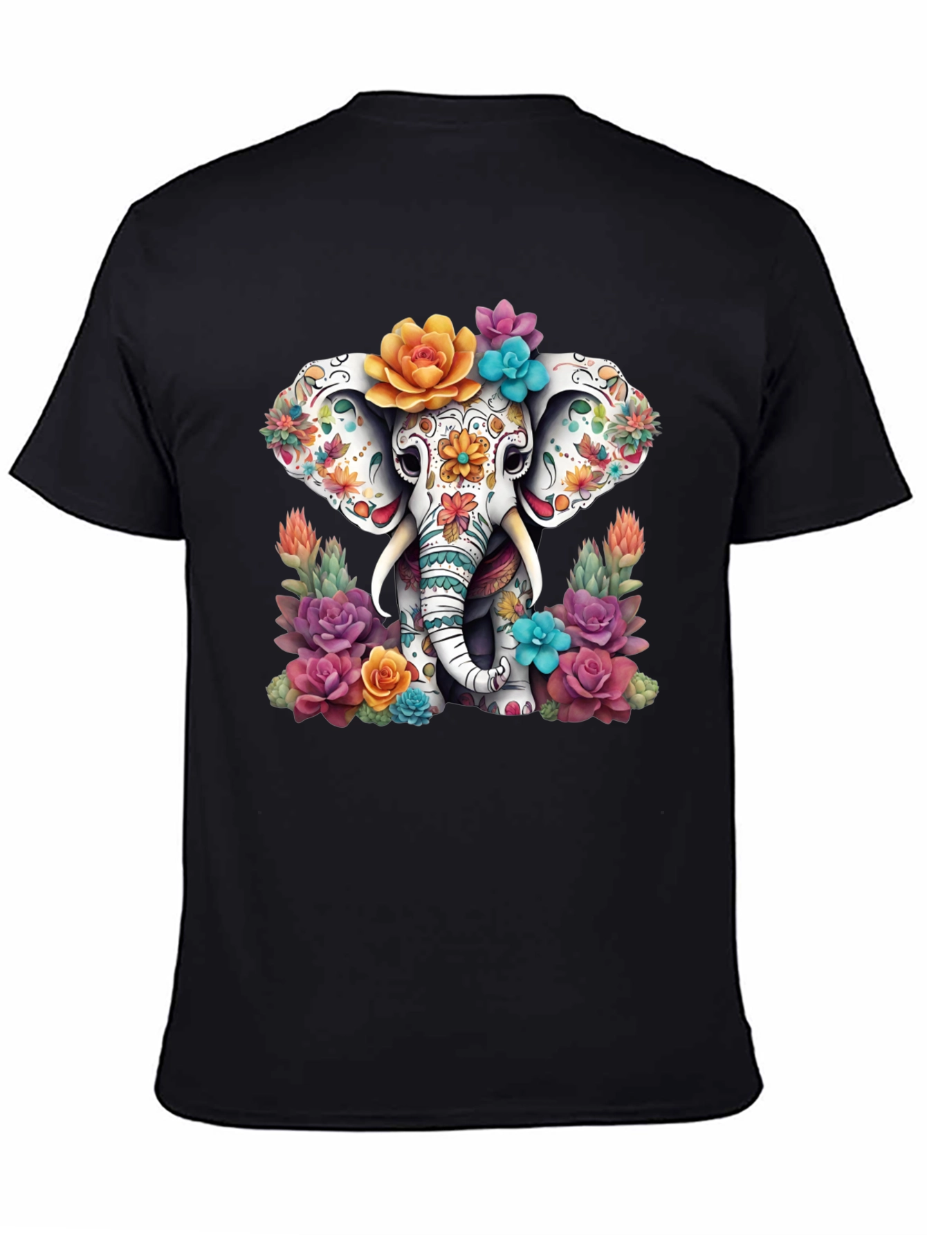 Black Floral Sugar Skull Elephant Graphic Tee view 4