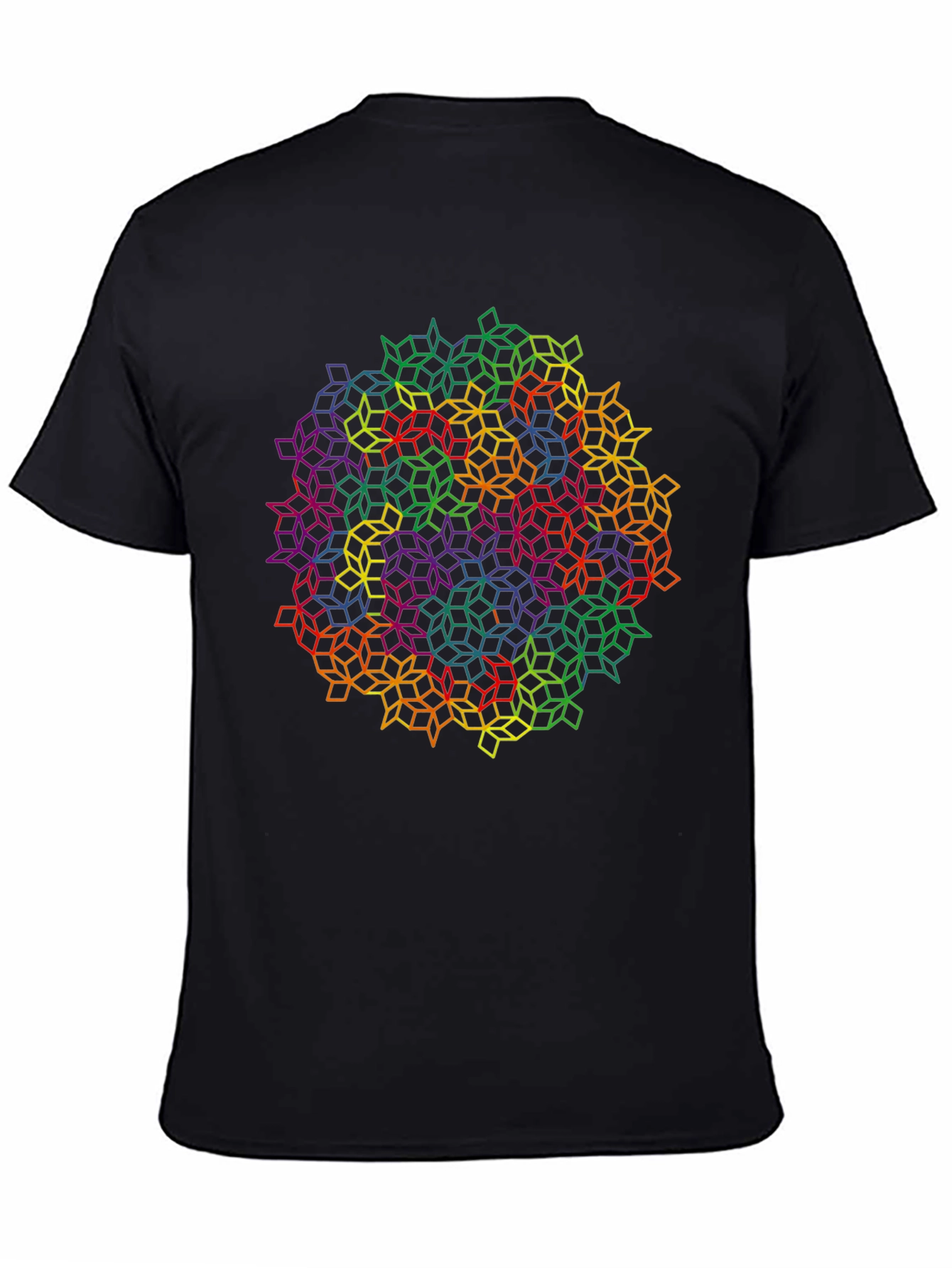 Black Geometric Rainbow Cube Pattern Black T-Shirt view 4