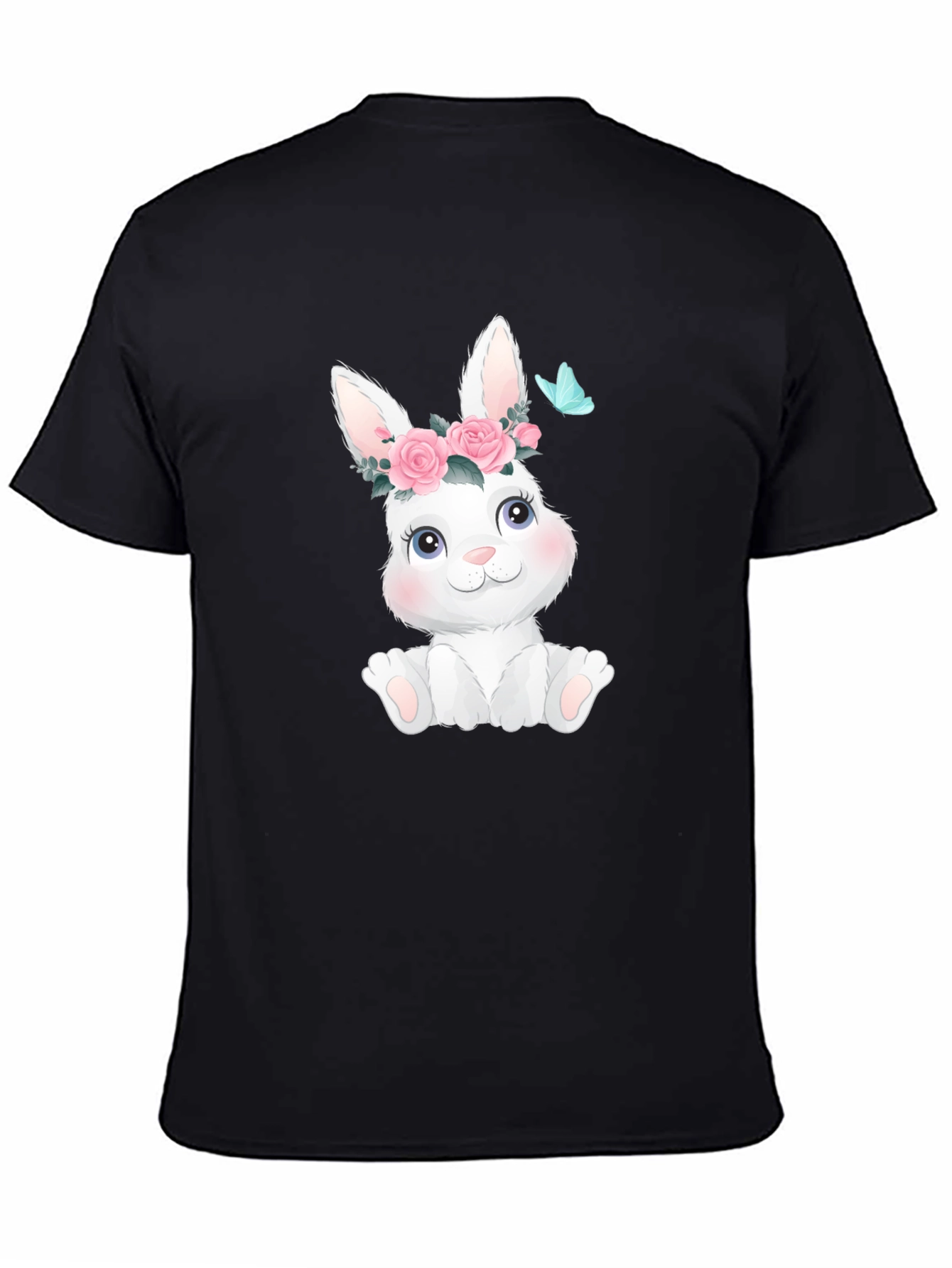 Black Cute Bunny with Flowers Black T-Shirt view 4
