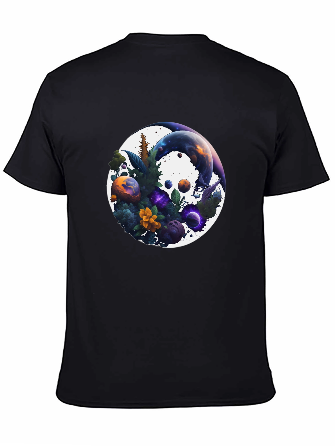 Black Cosmic Garden T-Shirt - Nature & Space Fusion view 4