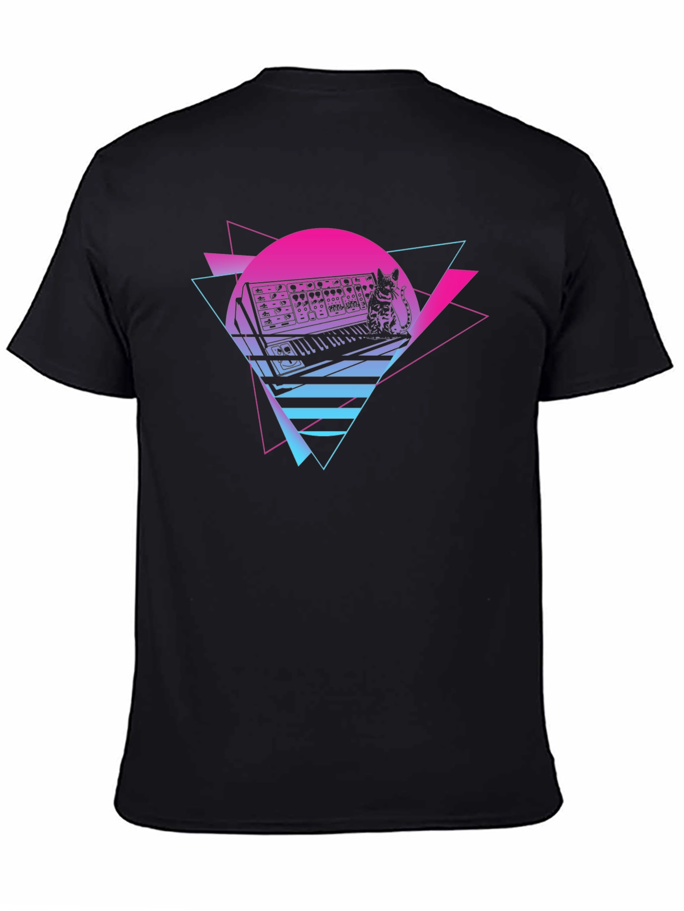 Black Synth Cat T-Shirt - Retro Wave Style view 4