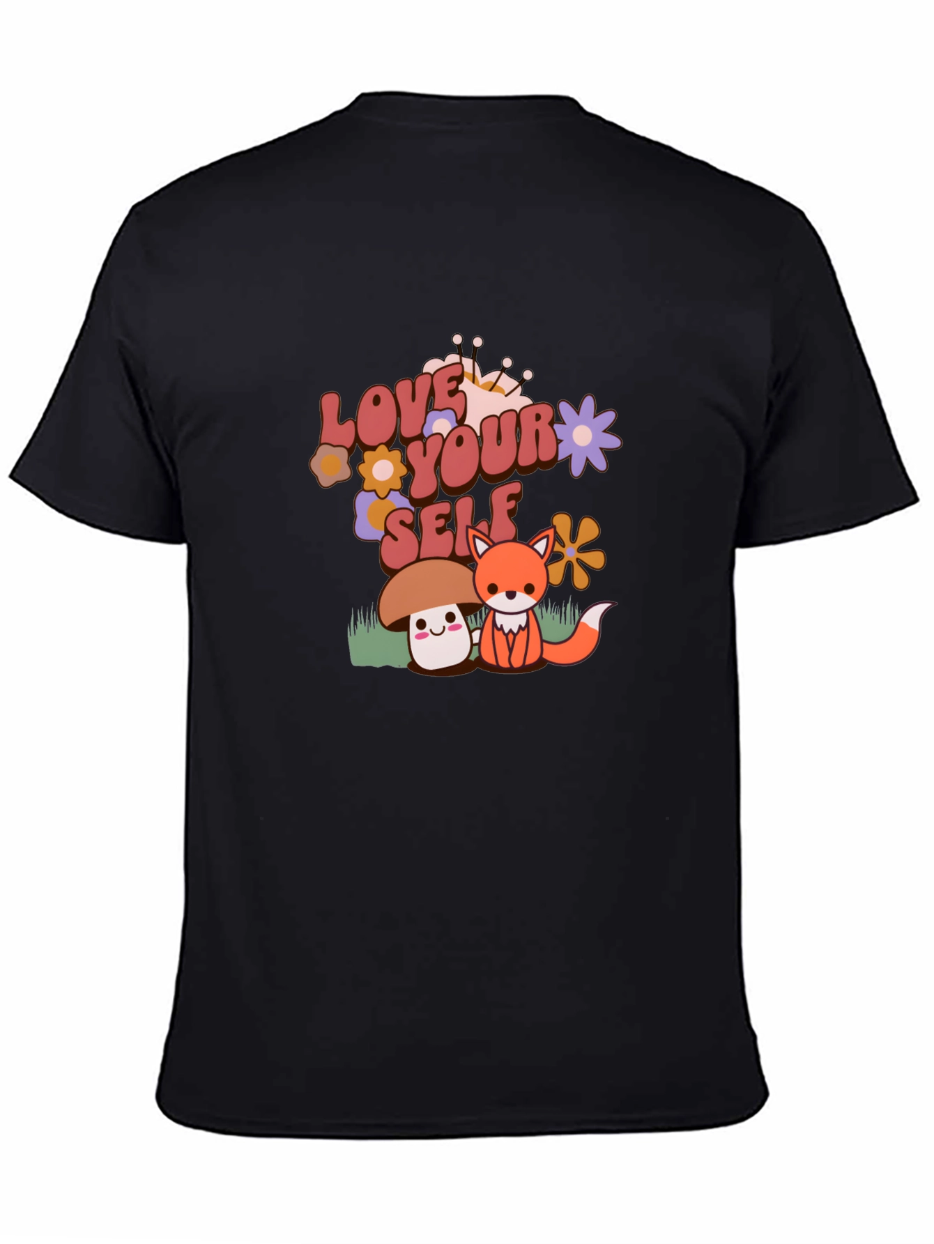 Black Love Yourself T-Shirt with Cute Mushroom and Fox Design view 4
