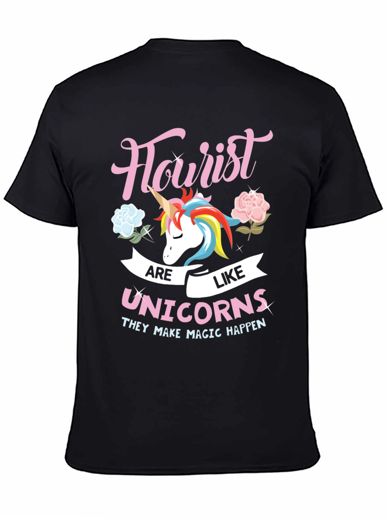 Black Florist Unicorn Graphic T-Shirt - Magical Flower Design view 4