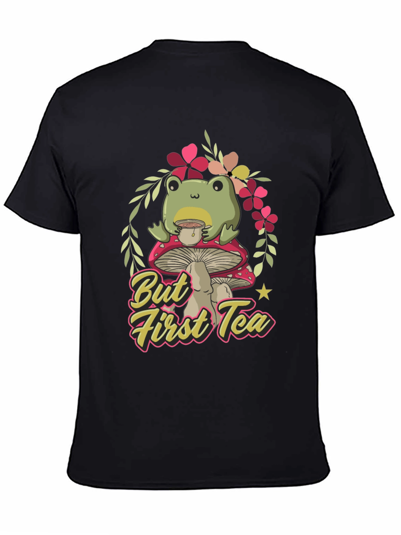 Black Frog Sipping Tea on Mushroom T-Shirt view 4