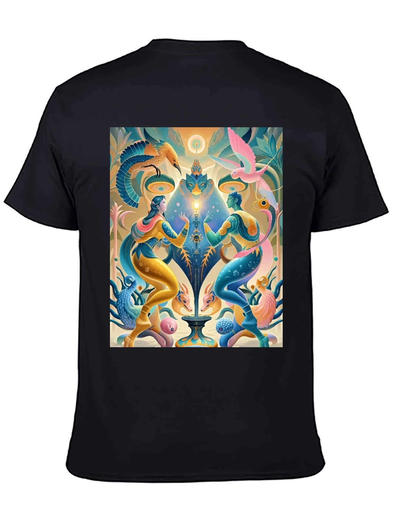 Black Artistic T-Shirt: Mystical Bird and Figure Design view 4