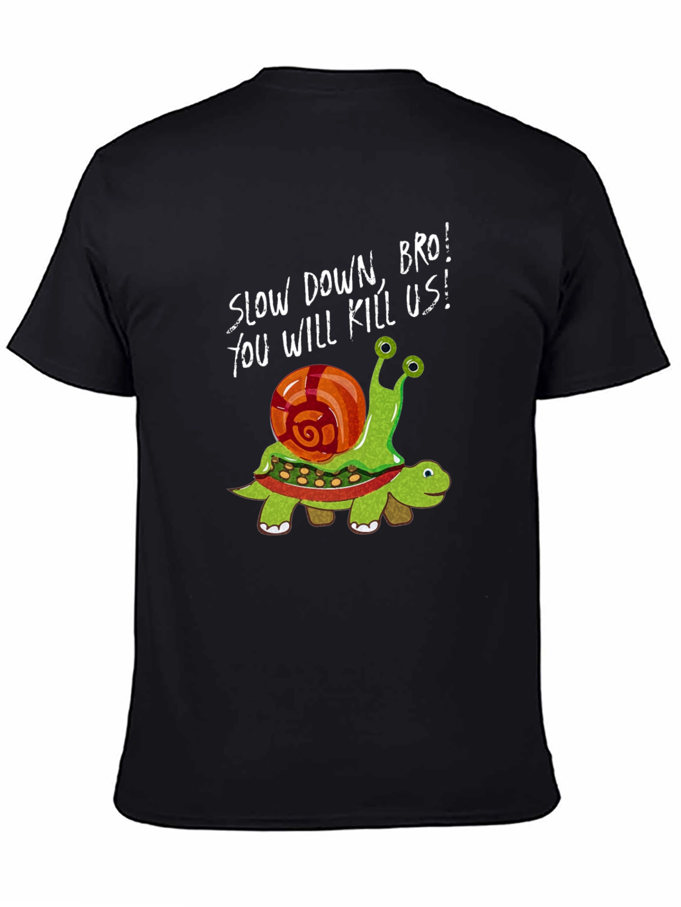 Black Funny Snail Riding Turtle Graphic Tee - Slow Down Bro! view 4
