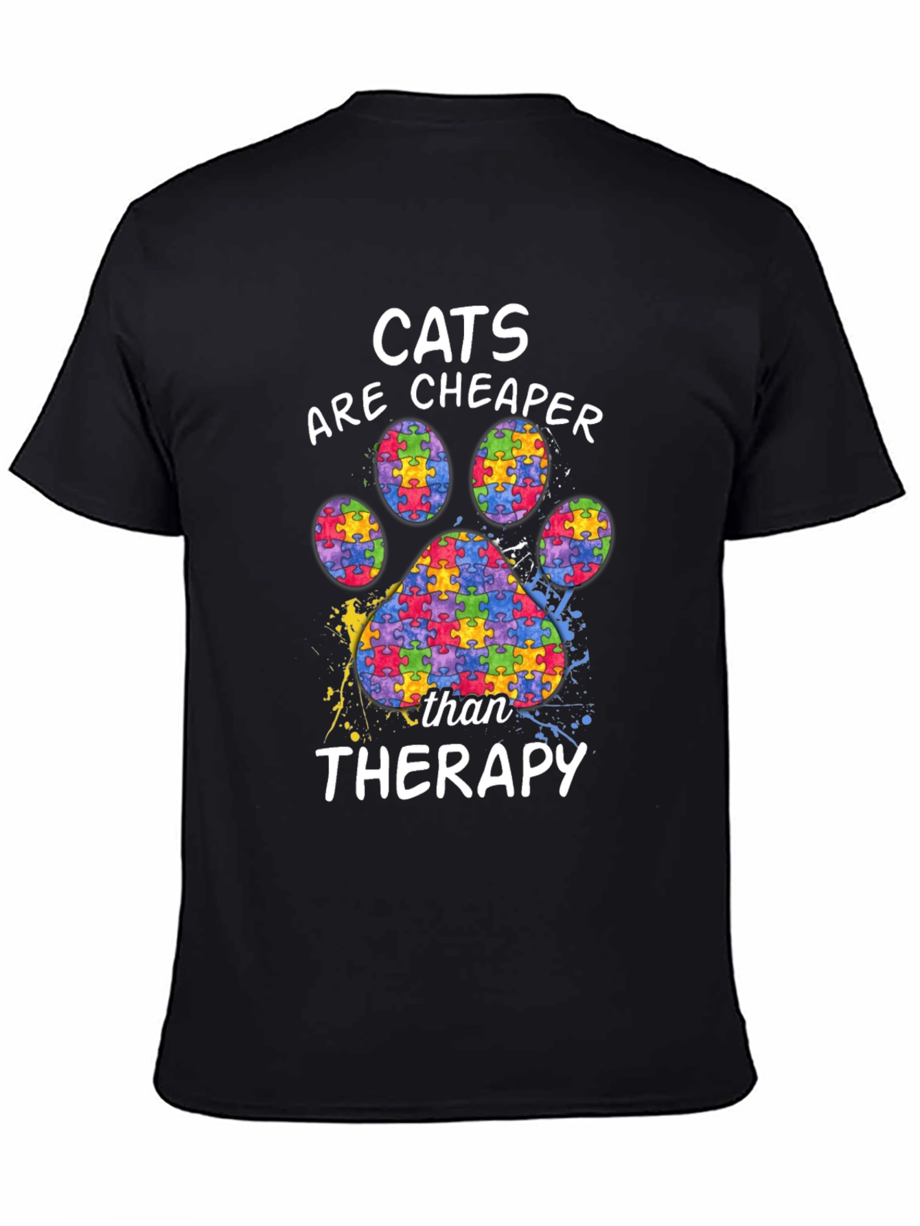 Black Cats are Cheaper Therapy Autism Awareness Puzzle Paw Print T-Shirt view 4