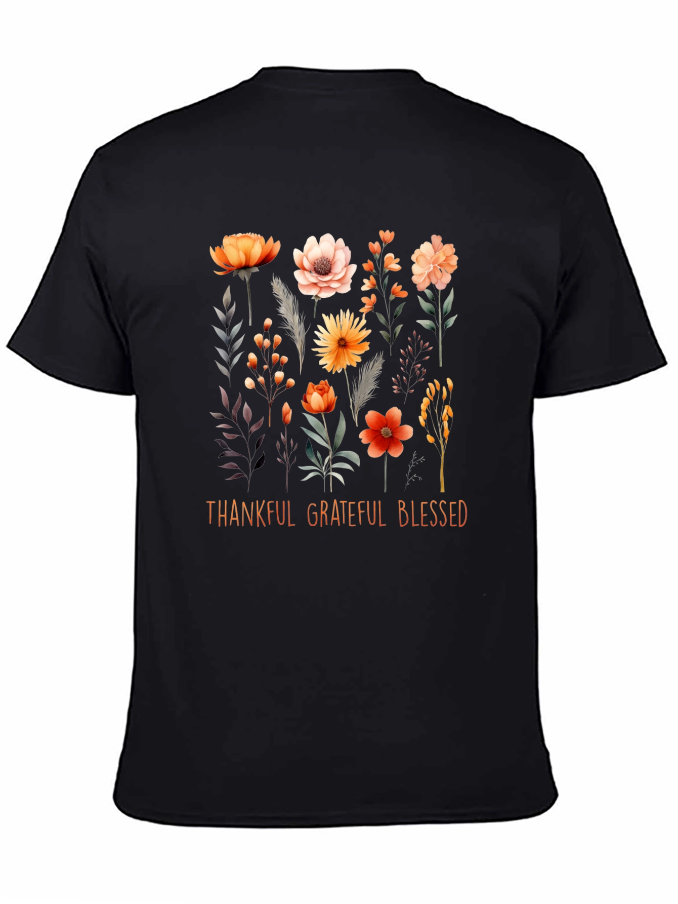 Black Thankful Grateful Blessed Floral T-Shirt view 4