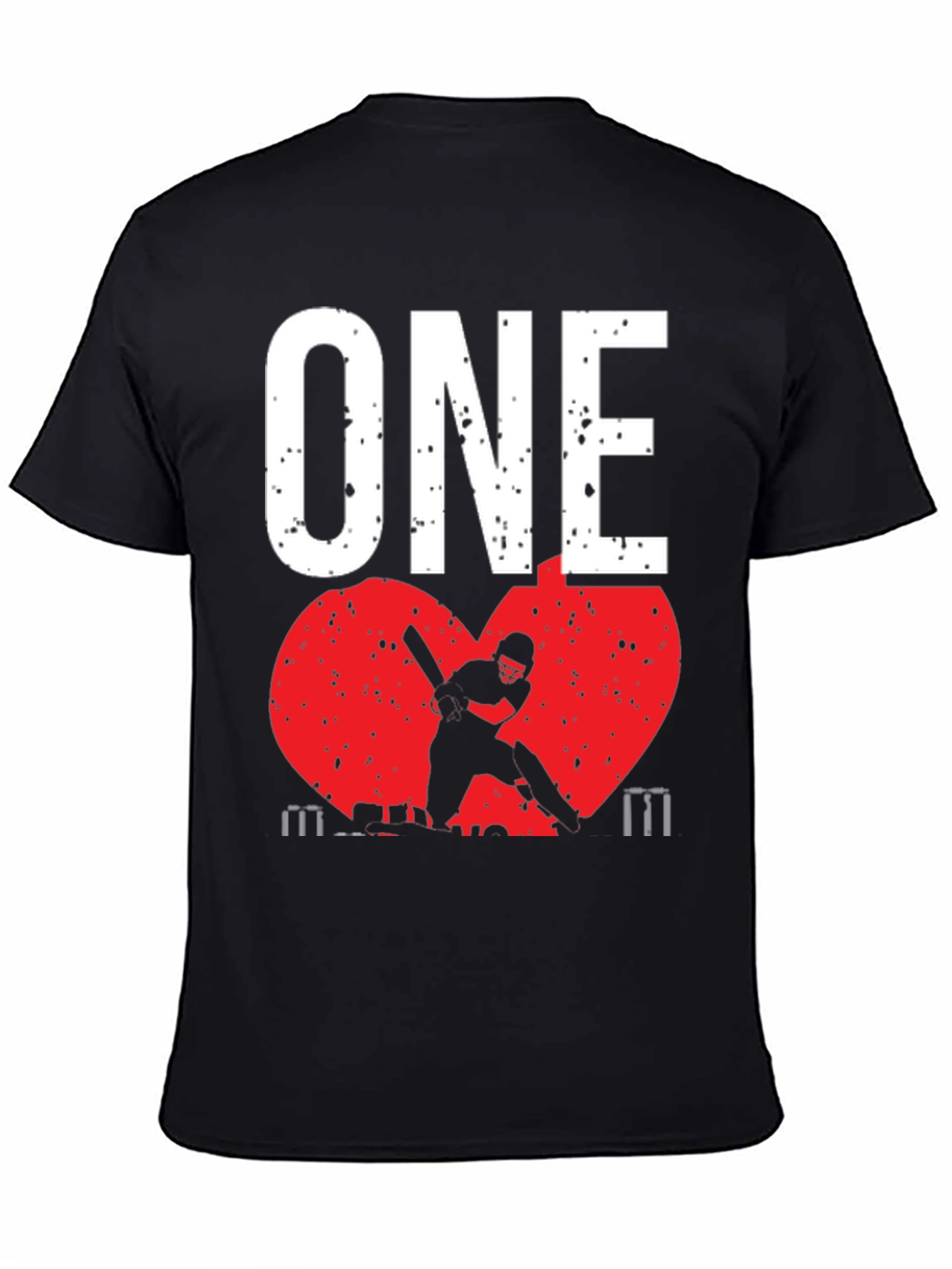 Black ONE Cricket Fan T-Shirt - Red Heart Design view 4