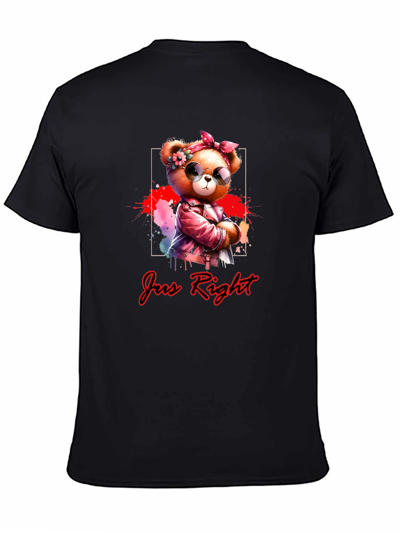 Black Trendy Teddy Bear Graphic Tee - "Jus Right" Black T-Shirt view 4