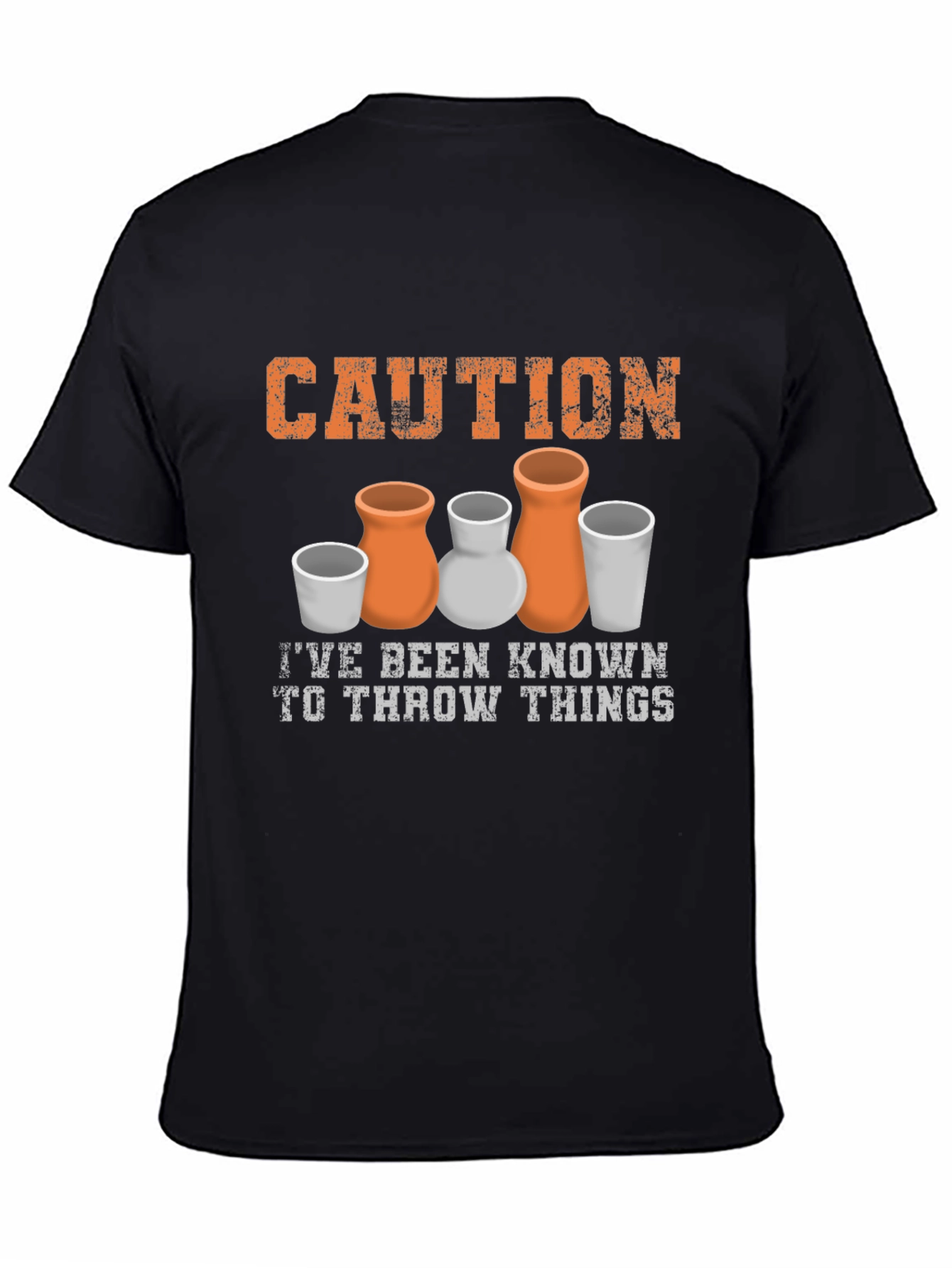 Black Caution I Throw Things Pottery T-Shirt view 4