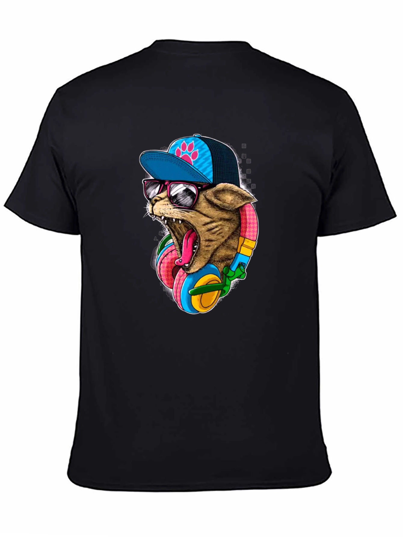 Black Cool Cat T-Shirt: Cat Wearing Headphones & Cap view 4