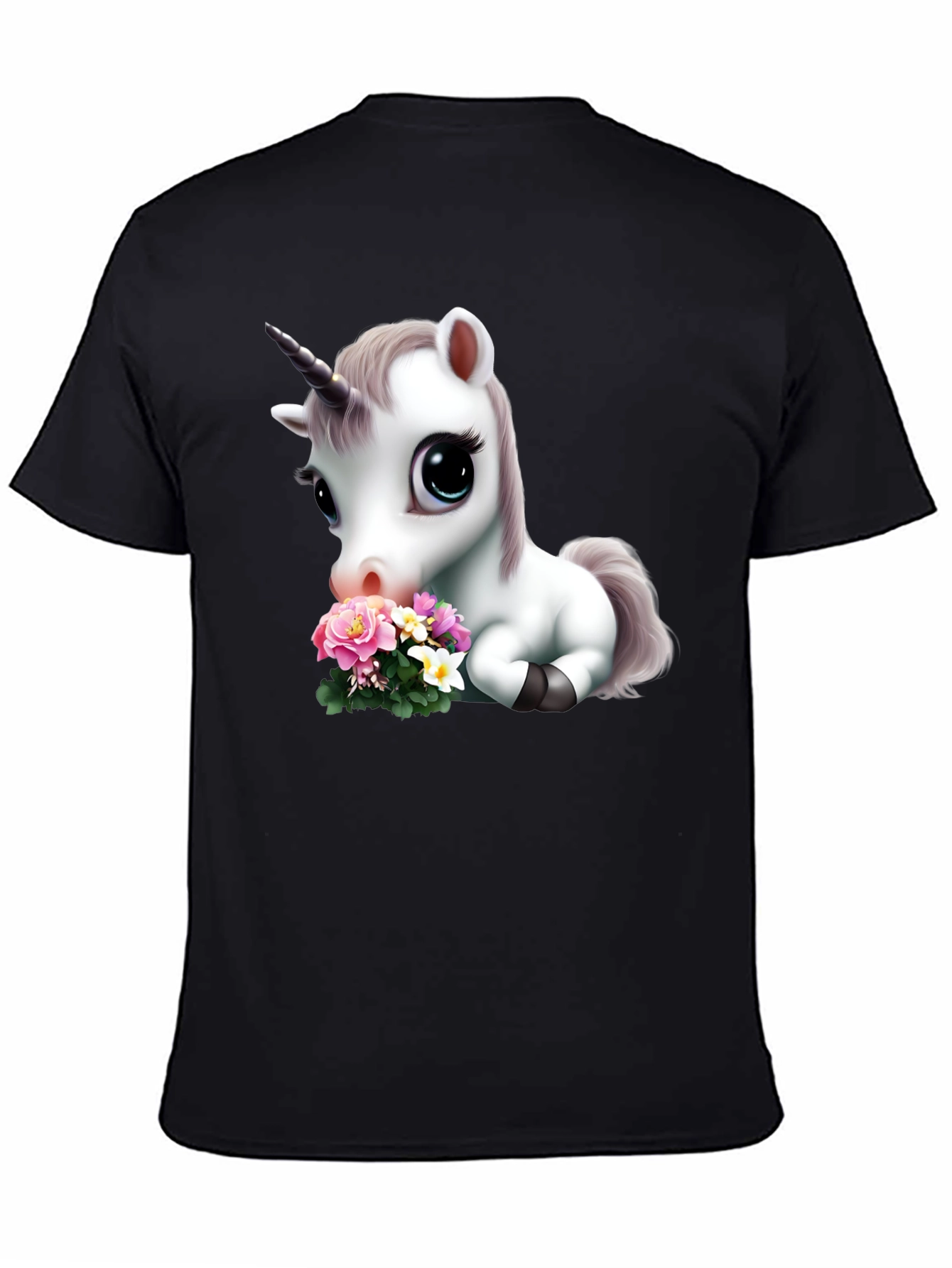 Black Cute Unicorn with Flowers Graphic T-Shirt view 4